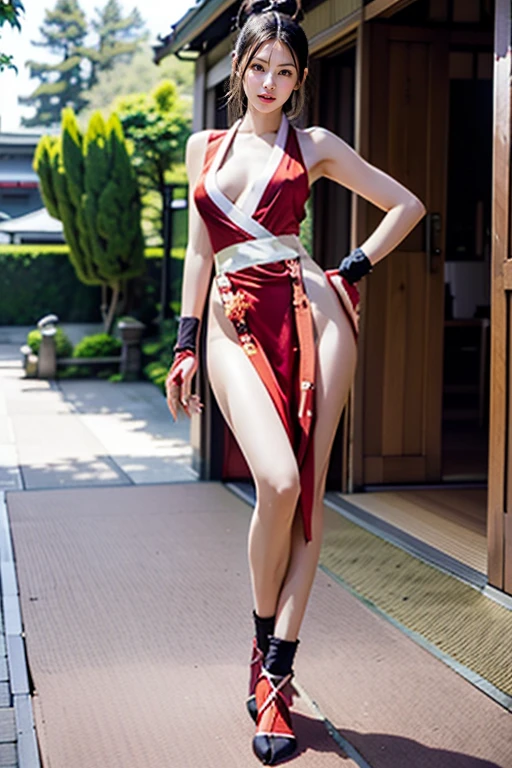 mai shiranui, Brown eyes, The whole body is reflected,Toes are visible, Standing, Full body, Prestige, Long hair, Brown hair, White ribbon, Sleeveless, poneyTail, sash, pelvis curtain, arm guards, mitts, tabi, fascinated expression, Sexy eyes, medium breasts, Smile, Cute, view the viewer, Long hair, Close to Japan temple, (breasts focus:1.2), (Realistic:1.2), (Full Shot: 1.2), (Realism), (masutepiece:1.2), (Best Quality), (ultra-detailliert), (8K, 4K, Convoluted), (85 mm), light Particle, Lighting, (Highly detailed:1.2), (Detailed face:1.2), (gradients), SFV, Colorful, (Detailed eyes:1.2), (Detailed temples of Japan: 1.2),(Detailed background), (Dynamic Angle:1.2), (Dynamic Pose:1.2), (Line of action:1.2), Wide Shot, Daylight, Solo.