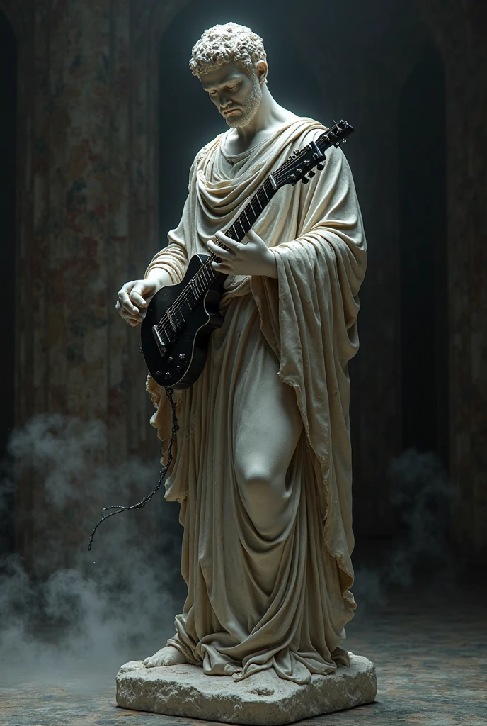 a greek stone statue playing a baroque guitar