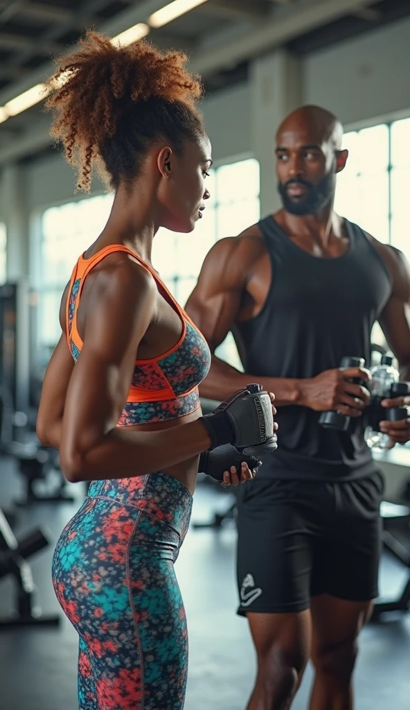 A gym trainer is coaching a customer during a workout session. The trainer is fit, wearing a black athletic outfit, and is attentively guiding the customer who is lifting weights. The customer, dressed in a blue sports outfit, looks focused and determined. They are in a modern gym setting with equipment like dumbbells, barbells, and machines visible in the background. The atmosphere is energetic and motivational. I need it to be more in width so I can use it for my website