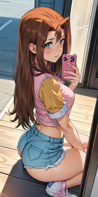 anime, 28 year old woman, taking a selfie, mischievous smile, long hair, dark hair color, stylish hairstyle, side hair long lush hair, long curls of hair pulled to the sides, Braids within the hair, curvy body, proportional body, sexy girl, beautiful mature girl, lovable character, crop top, short skirt, clarity, detailed, detailed face, very detailed drawing, smile, flirty look, city background, saturated background, perfect composition, soft natural volumetric cinematic perfect light, masterpiece