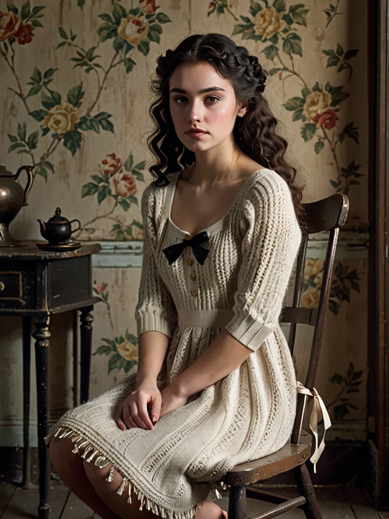 A young woman sits quietly in a wooden chair, clinging to her armrests ...