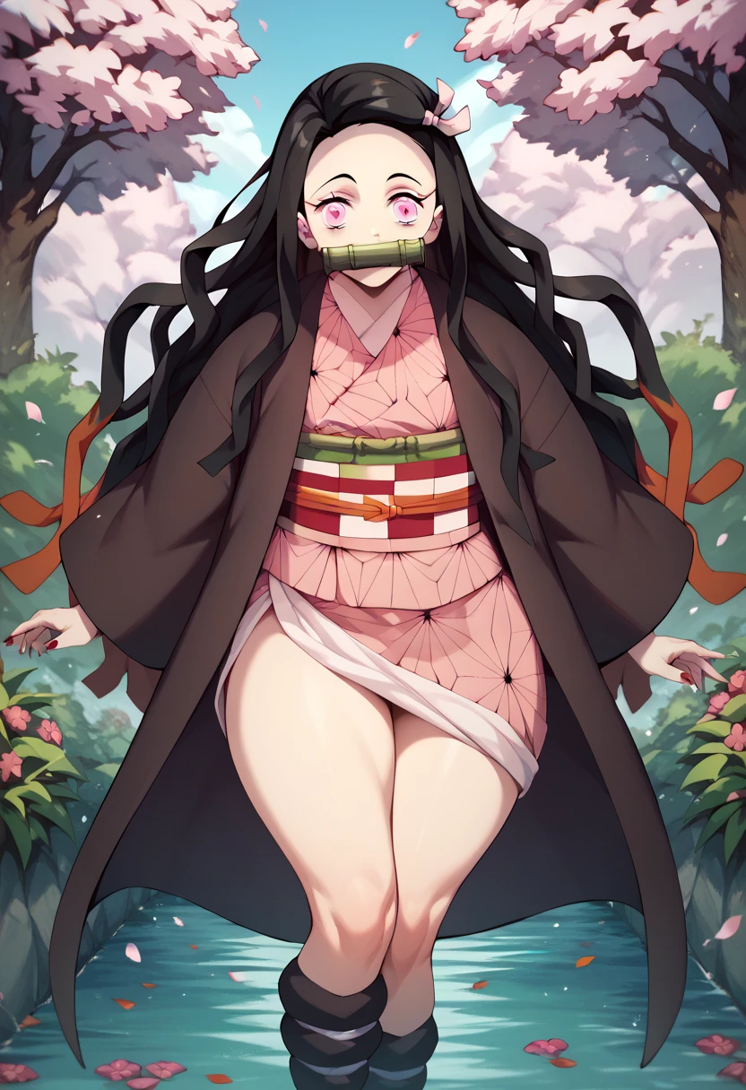 full body, nipples, breasts exposed, masterpiece, (pink kimono), seductive face, medium breasts, masterpiece, glowing eyes, 1girl, black hair, gag, bamboo, Nezuko Kamado, bedroom background, masterpiece, best quality, ager, naked, pussy, standing, spiked collar, spiked wristband, 