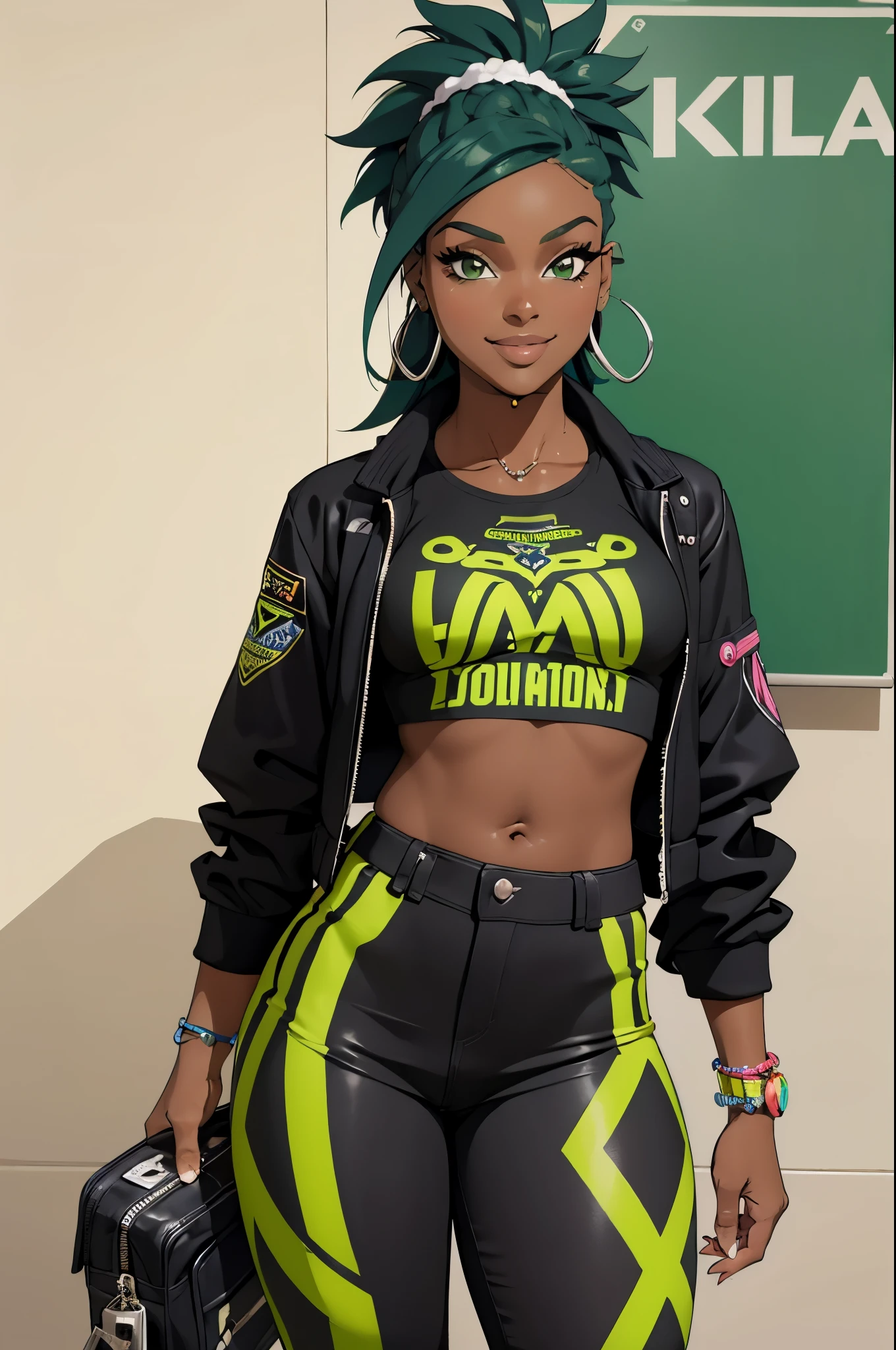 A personagem apresenta um estilo ousado e vibrante, refletindo uma estética que mescla elementos punk e streetwear.
### Características:
- **Cabelo**: O cabelo é curto e bagunçado, com uma combinação de cores verde e preto, que se destaca e complementa o visual audacioso.
- **Roupas**: Ela usa um top justo com o logotipo da "Monster Energy", que deixa uma parte do abdômen à mostra, combinando com uma blusa de manga longa listrada em preto e neon. A calça é ampla e utilitária, com vários bolsos e detalhes em neon, que reforçam a temática energética e contemporânea.
- **Acessórios**: A personagem tem vários piercings, incluindo um no nariz e nas orelhas, além de colares e pulseiras que acrescentam um toque punk ao visual.
- **Postura**: Ela está segurando uma lata de bebida energética, com uma expressão confiante e um sorriso que transmite atitude e carisma, refletindo um estilo de vida ativo e rebelde.
### Temática Geral:
Esse look sugere uma conexão com a cultura jovem, a música e um estilo urbano que busca desafiar normas e expressar individualidade. É uma personagem que exala energia e originalidade, capaz de atrair a atenção em qualquer ambiente.