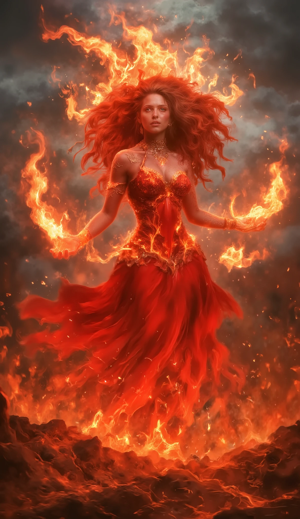 (best quality, 128k,highres,masterpiece:1.2),ultra-detailed,(realistic,photorealistic,photo-realistic:1.37), ((masterpiece)) ((photography)) ((Highest quality)) fire godess in a red flaming dress on a mountain of lava and flames. she has red flaming hair, shining red eyes and controlling the fire around hair. shechas a curvy perfect body, large breasts and pretty face. her dress is elegant, flaming and has deep neckline,