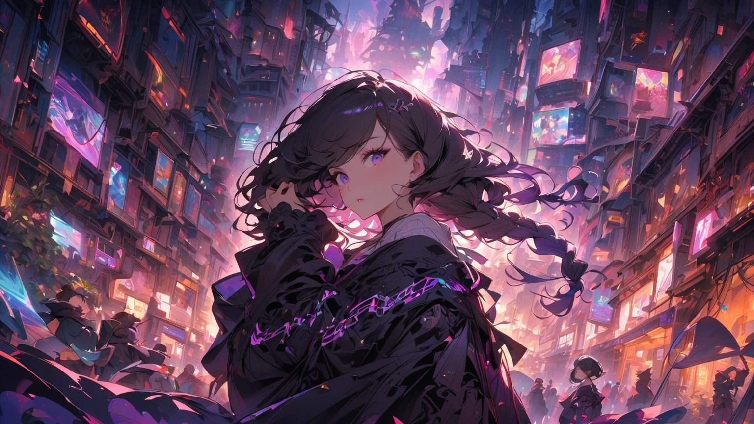 cyberpunk、long braided hair with a gradation of white and purple、sparkling lights、beautiful girl playing the flute、Musical notes in the surroundings、（Flying notes ：1.4）、（ from behind：1.3）、looking at the camera