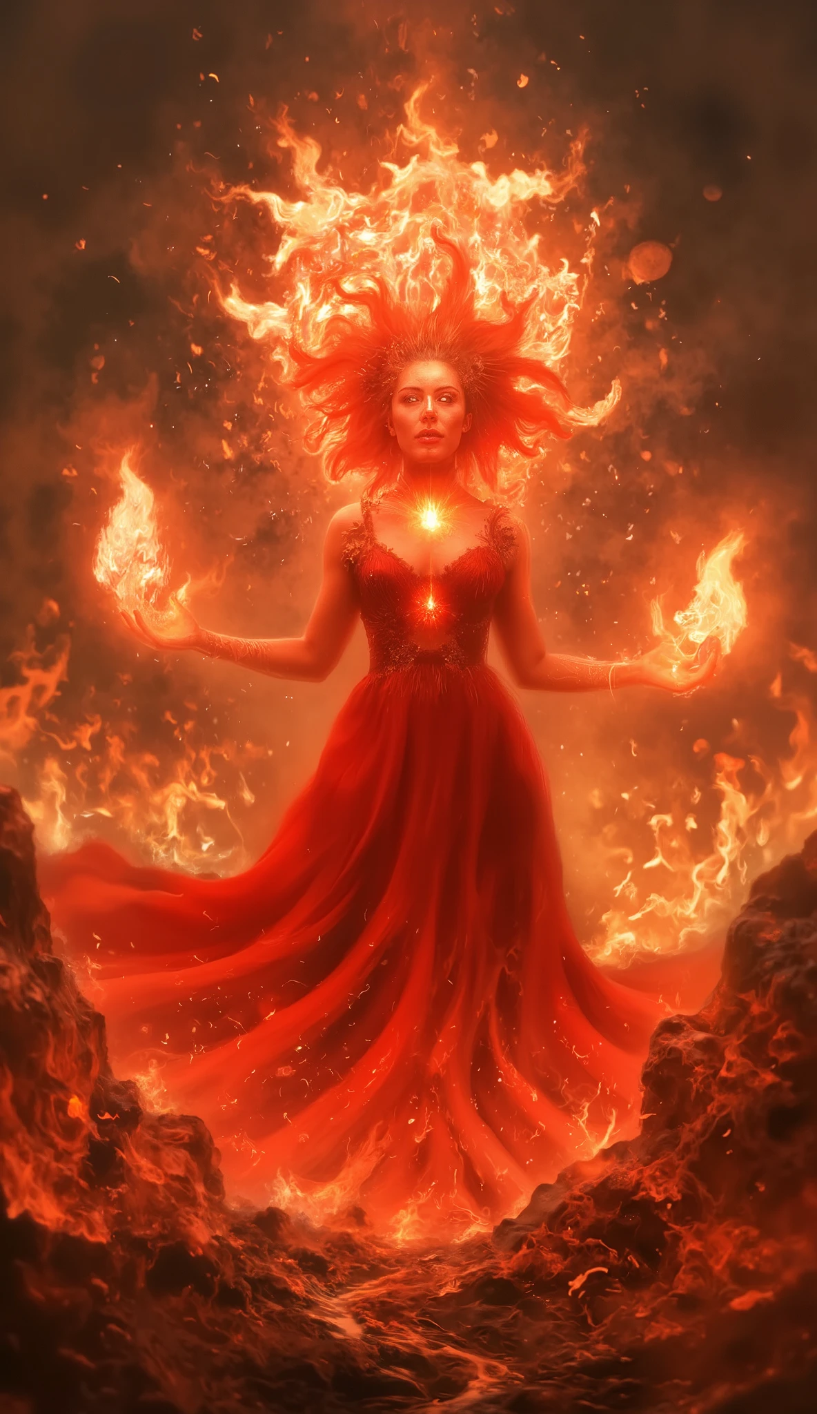 (best quality, 128k,highres,masterpiece:1.2),ultra-detailed,(realistic,photorealistic,photo-realistic:1.37), ((masterpiece)) ((photography)) ((Highest quality)) fire godess in a red flaming dress on a mountain of lava and flames. she has red flaming hair, shining red eyes and controlling the fire around hair. shechas a curvy perfect body, large breasts and pretty face. her dress is elegant, flaming and has deep neckline,