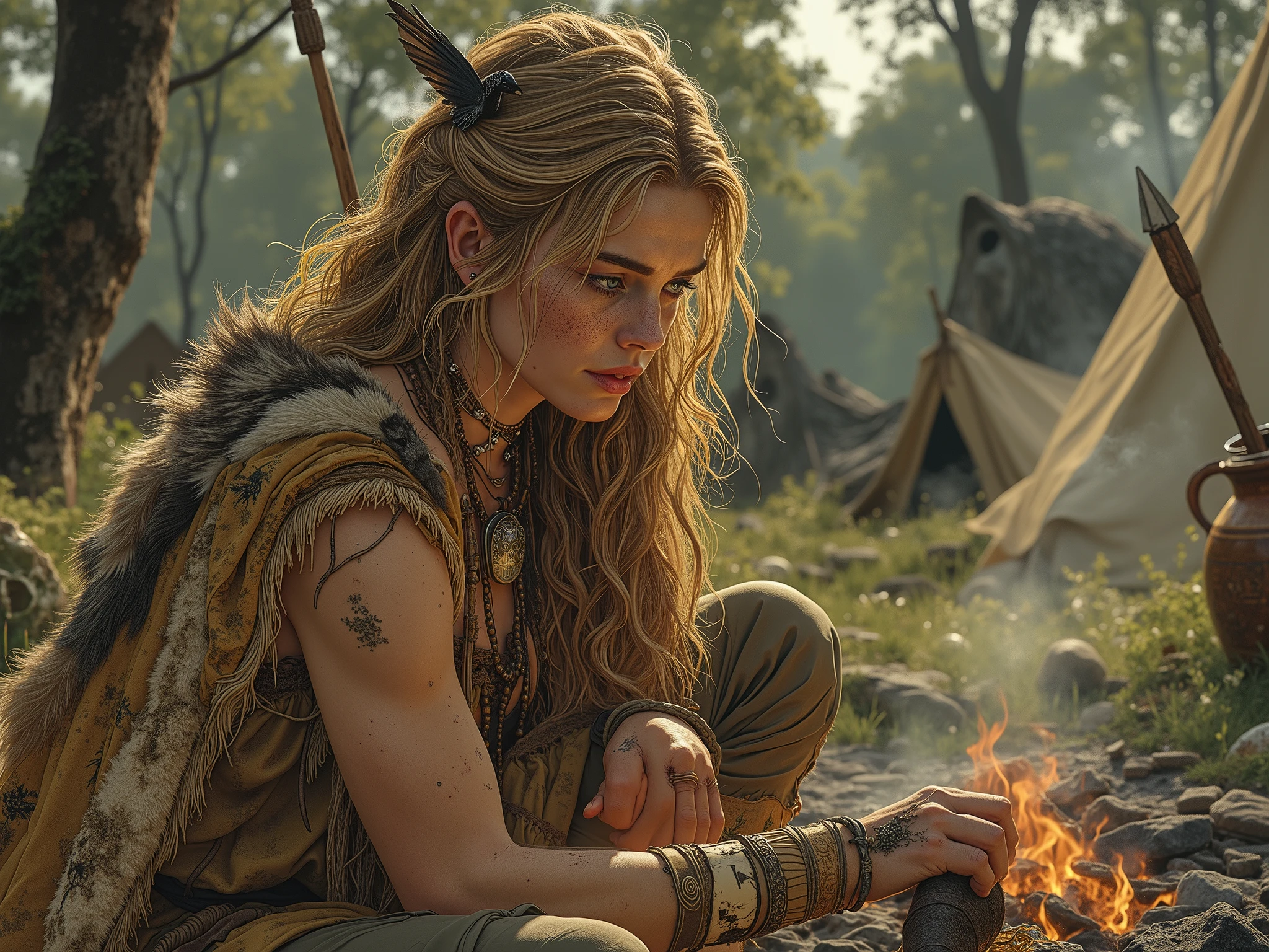 A hyper-realistic portrait of a 24-year-old Stone Age woman with sun-streaked golden hair (wild, tangled waves adorned with bone hairpins and crow feathers), pale blue eyes (striking against soot-smudged skin), and a muscular, weathered frame. She wears a sleeveless tunic of braided reindeer hide stitched with sinew, draped with a wolf-pelt cloak (still bearing claw marks). Her jewelry includes a necklace of carved mammoth ivory beads, a serpentine-stone pendant on a leather thong, and bone cuffs etched with zigzag hunting symbols. She crouches by a crackling firepit in a misty birch forest, sharpening a flint spearhead, her hands callused and stained with ochre. The setting: a primitive campsite with hide tents, antler tools, and a clay pot steaming with herbal broth. Golden-hour light filters through ancient trees, illuminating her fierce yet weary expression. Style: 8K photorealism, textures of matte stone, glossy animal fat on skin, and smoke-tinged air.