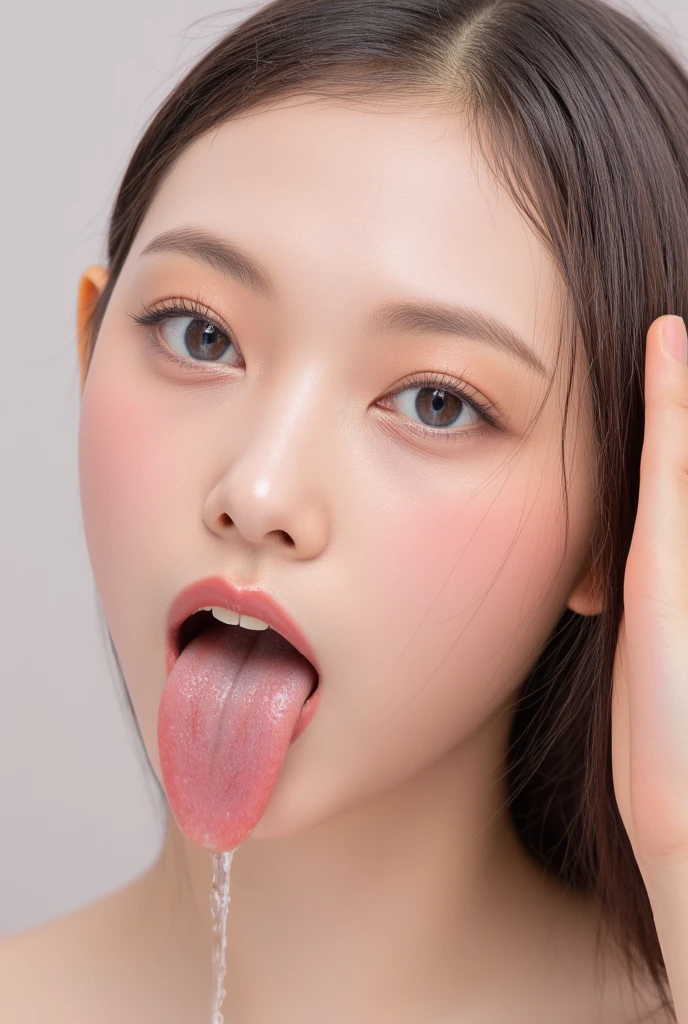 ,1 Girl、Taylor Hill、1 Girl、超High resolution, retina, Accurate, masterpiece, Anatomically correct, Super detailed, Textured skin, Attention to detail, high quality, High resolution, 8k、、Big double eyes、nose、The focus is on the mouth、close-up focus on face、Woman with open mouth and closed eyes、18-year-old、Black Hair、tongue out, tongue, Saliva trace, Drooling, Ahegao, long tongue, Verbal invitation, Pulling the hair back, Gray background,Half Backlight,Pilot uniform,