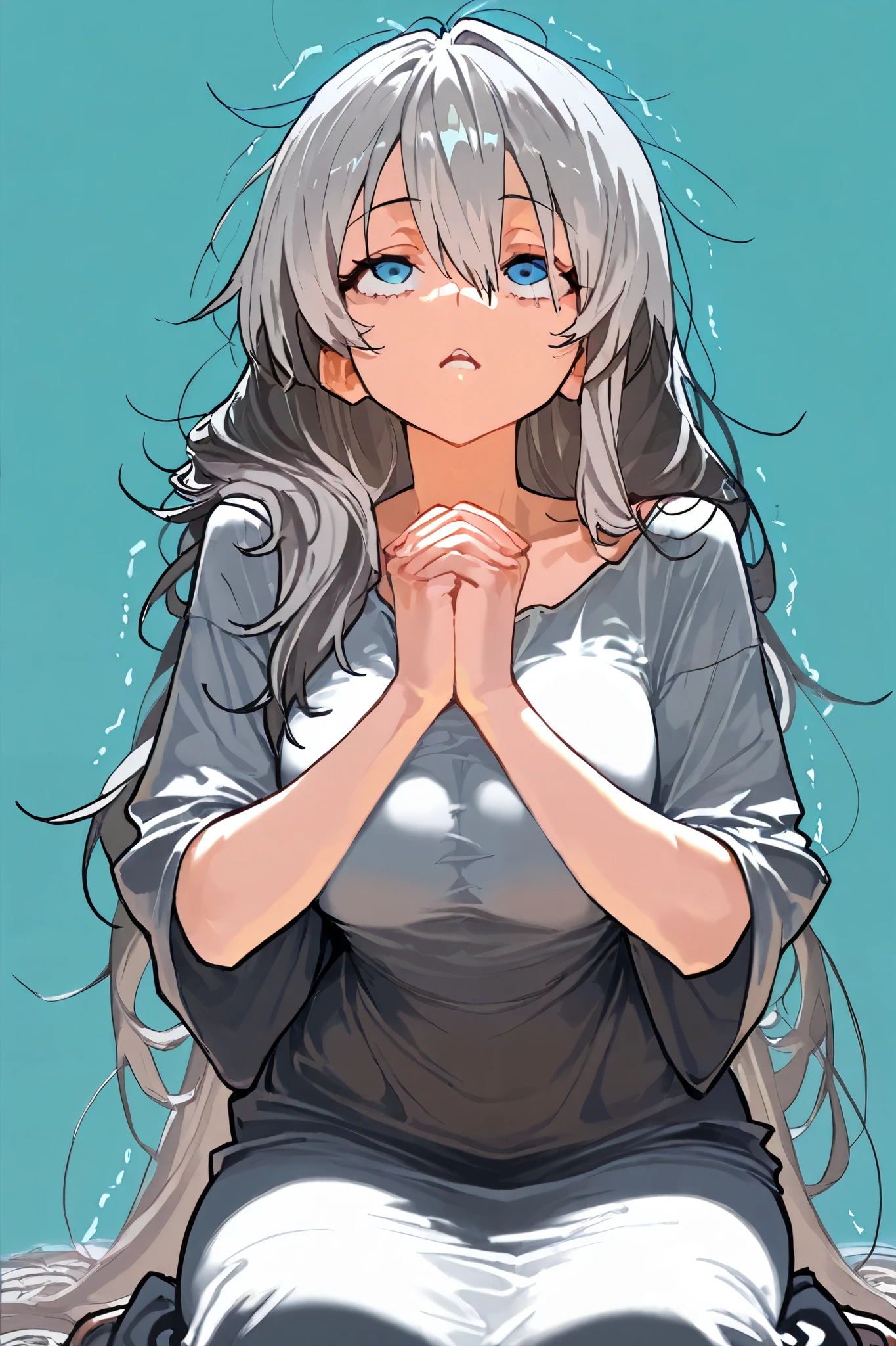 masterpiece, best quality, highest resolution, 1girl, solo, gray hair, messy long hair, red slightly tattered clothes, kneeling, desperate expression,  trembling, pleading, simple background, gaze up, praying, blue eyes, mature, Reach out one hand