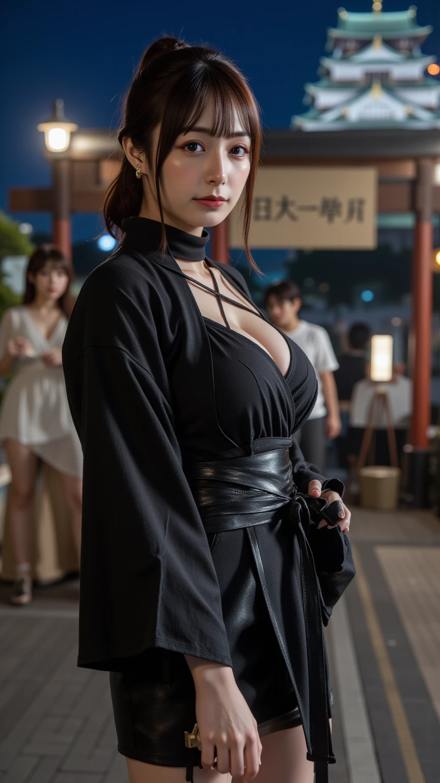 (hyper realstic)、Modern kunoichi、(Female Ninja of the 21st Century)、Beautie high-level image quality hight resolution Realistic Shorthair、Woman with dark hair、A MILF、Middle-aged woman、Big big、Detailed red-black 、detailed skin textures、超A high resolution、Realistic、Voluptuous body shape、angry looking face、Middle-aged beauty、Beautiful expression、With detailed red-black areola 、detailed brown eyes、long fluffy hair、Kamimei、Very delicate and detailed skin texture、 35 years old、{(heliport)There is a(Being on the roof of a skyscraper)}、Modern kunoichi、Large cleavage、Large open neckline、bright red lips、{Simple gunmetal(Ninja kimono)The costume}、ear ornament、Silver collar and necklace、I have a small knife、