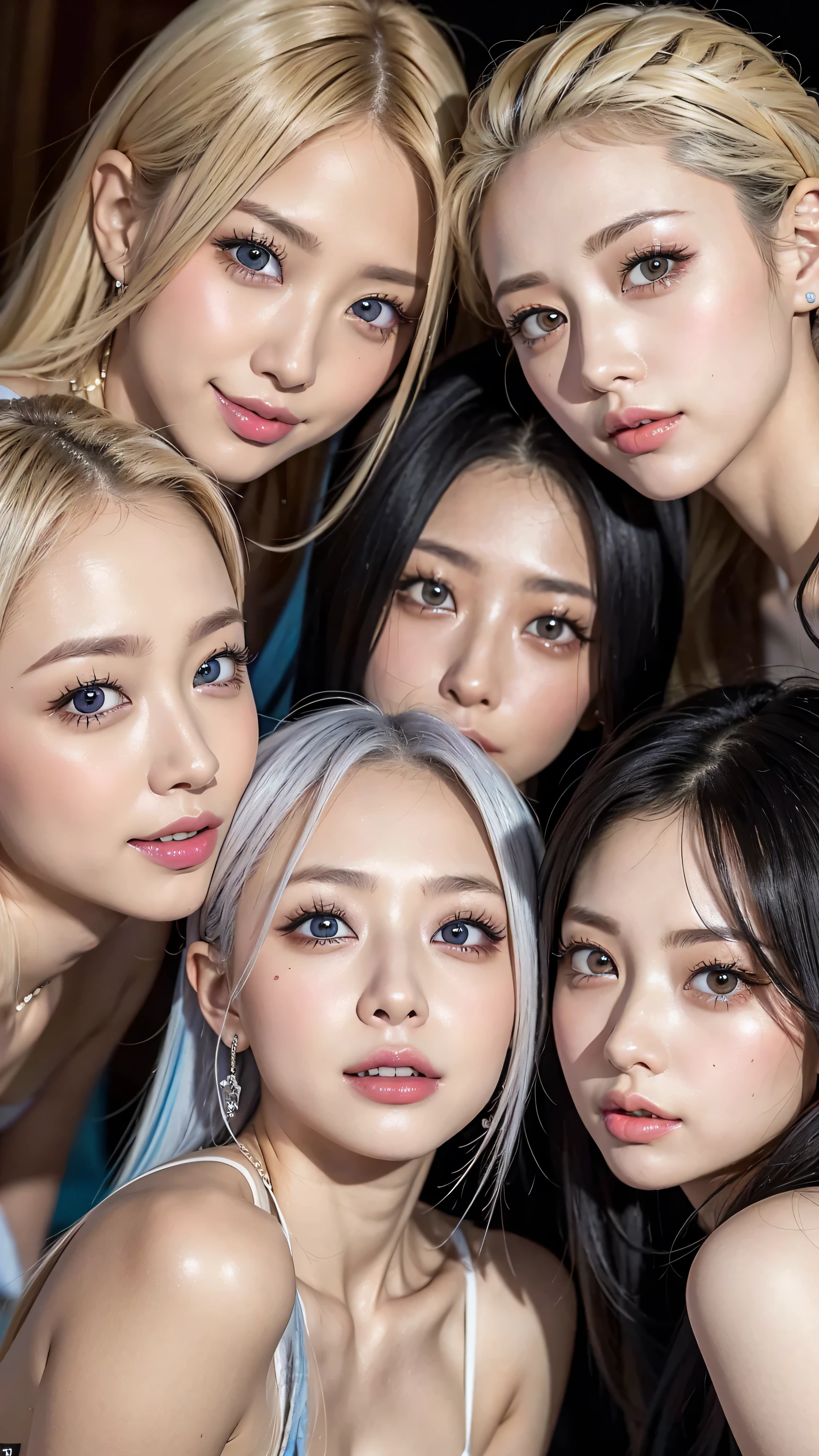 8k,high definition、 ultra clear 、 eyes match 、is staring at me、 I'm watching a close-up。My Face 、 すべての eyes match、 click here、I want to get close to beautiful women nearby 、 big nipples , huge nipples,Look at me with a smile 、vision、 Beautiful platinum colored hair 、 pose 、 4 beautiful women look at our beautiful long legs from an angle 、 I'm watching in close-up、I want to make eye contact with everyone, my lips are sticking out