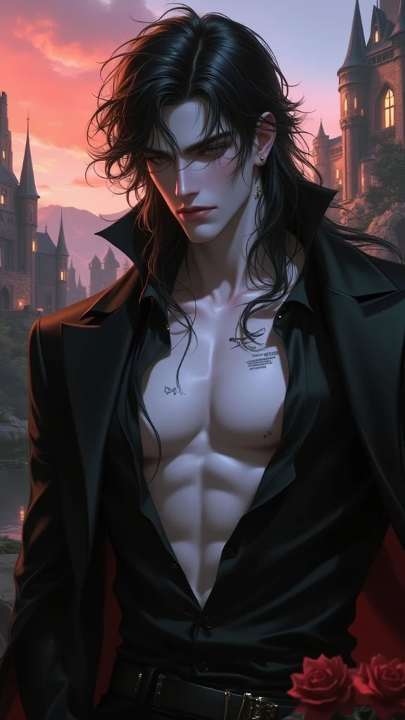 Perfect human body modeling, 1 guy, young boy, handsome, fangs from the mouth, black long hair, shiny hair, glow eyes, white skin, slim-body, Western-style fantasy, RPG, old castle, moonlit night, Vampire Lord, opportunist, white wolf, black Cloak with red lining