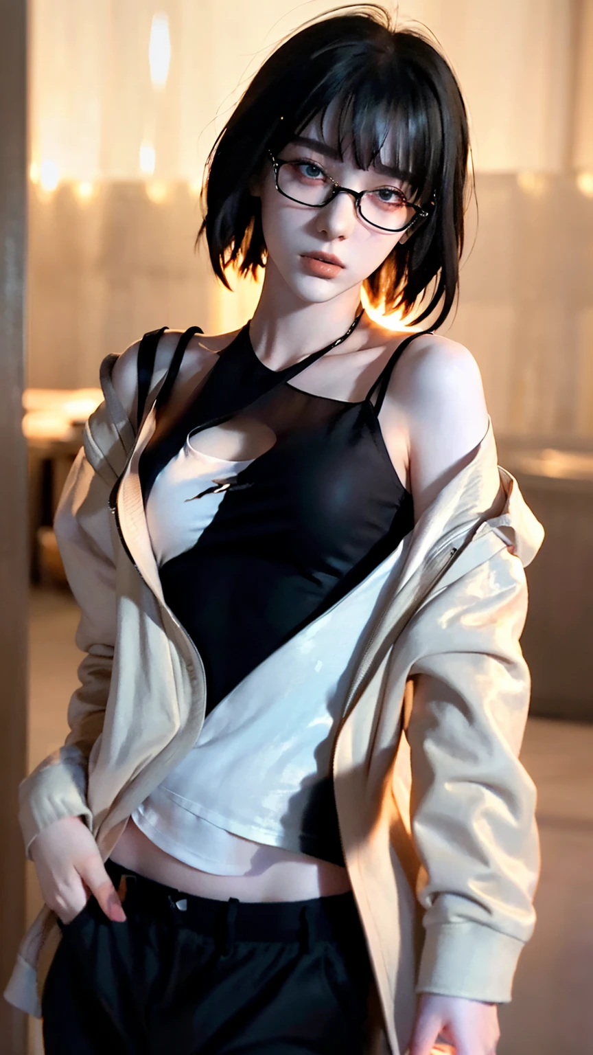 Anime girl with dark blue hair)(pixie cut hair)(black leather pants and black top)(big brown eyes)(By Rumiko Takahashi, inspired By Rumiko Takahashi, Fubuki, Rumiko, 90s anime this style)(80s anime art style