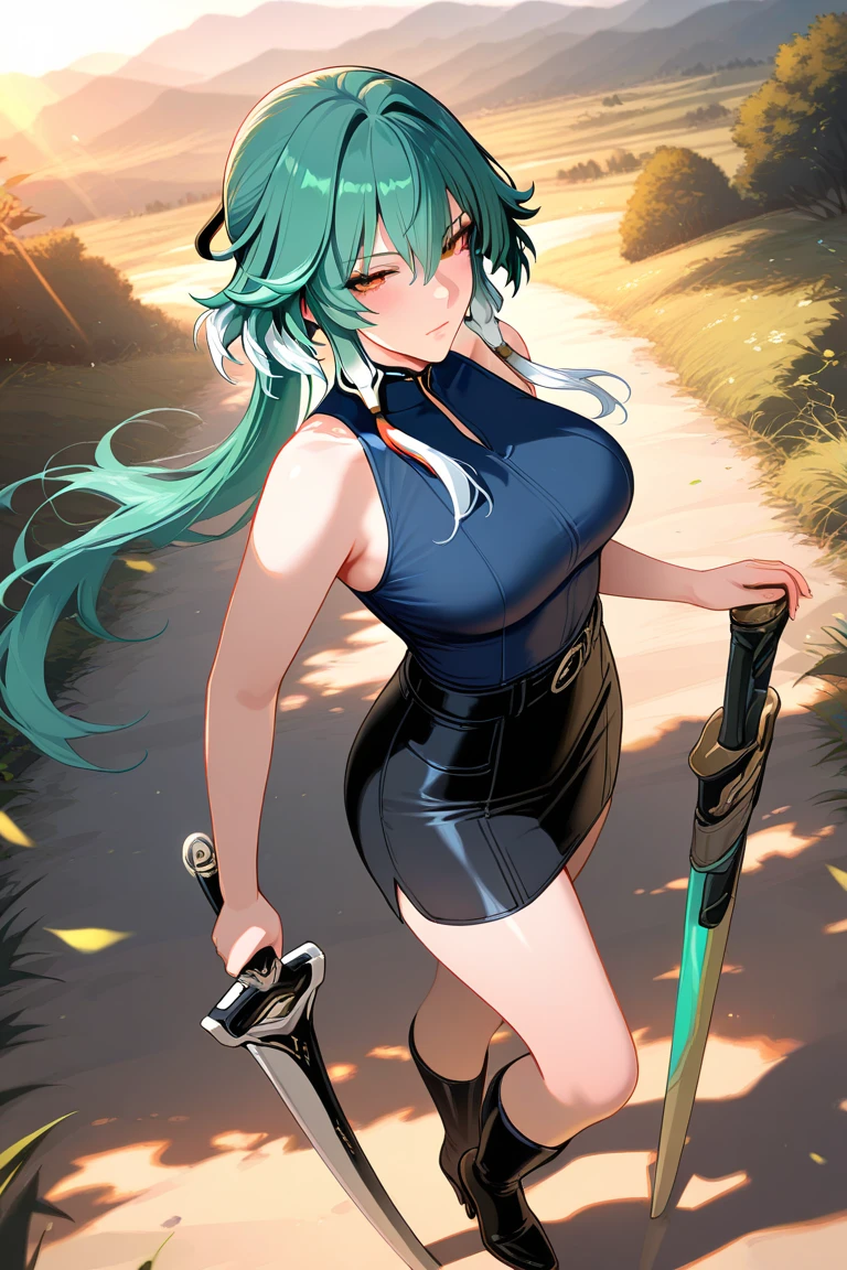 1 skinny girl, solo, light blue hair, red and purple heterochromia, bending back, looking at viewer, BREAK, black plunging neckline short dress, dark yellow cropped jacket, black thighhighs, BREAK, (bouncing unaligned huge breasts:1.2), cleavage, very short torso, (inconceivably narrow waist), thin long legs, BREAK , holding a spear, BREAK, nsfw, crotch, desert