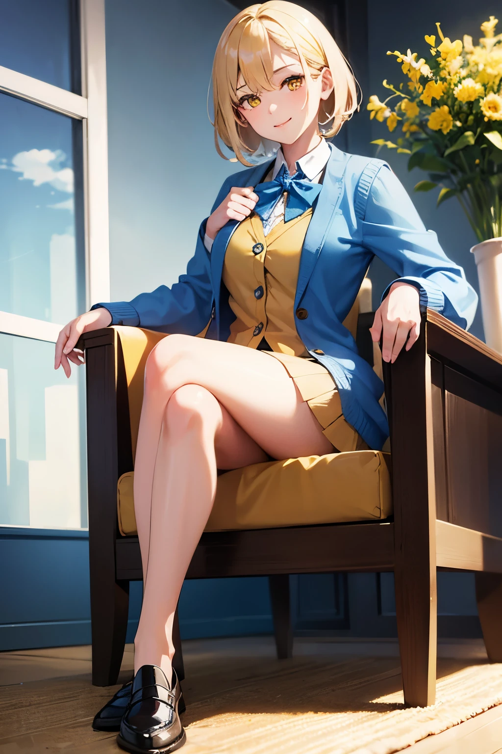 masterpiece, top-quality, Hi-Res, 1girl in, a blond, shorth hair, blue eyess, middlebreasts, OL, neck tie, Blue Pantsuit,Beautuful Women,