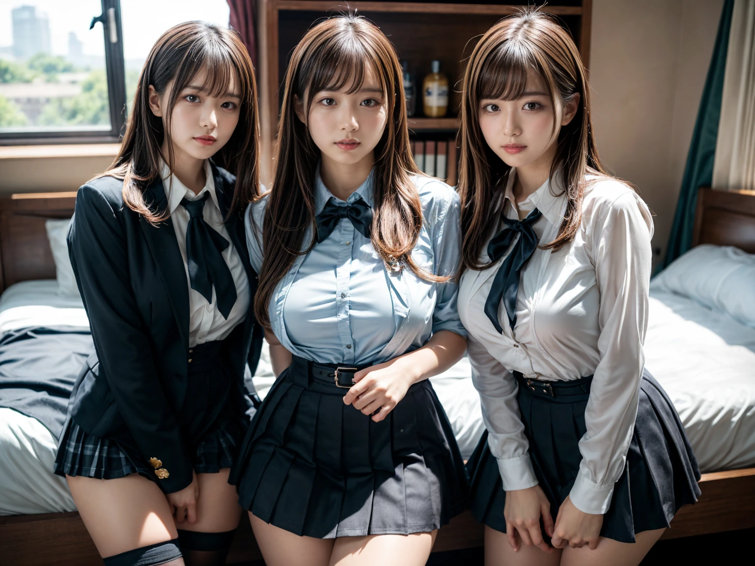(8K, Raw photography, top-quality, masterpiece:1.2), master piece, best quality, illustration, Super detailed, fine details, High resolution, 8K,wall paper, perfect dynamic composition,(Details High quality, realistic depiction of eyes:1.3), ((2 girls, 2 schoolgirls)), The background is a luxury hotel room、High school girl uniform、blazer 、Super Short Check Uniform Skirt、Navy blue high socks、garterbelts、Colossal tits、Disturbed uniform, Play with each other,Touching each other's bodies,Touching the body of the girl next door, short bob hair, black hair color, huge breasts, Big Natural Color Lip, bold sexy pose, (perfect body shape), crying a little、cold gaze, Beautiful makeup,glitter makeup,Cutest 18 years old, beautiful legs, hposing Gravure Idol, Voluptuous thighs