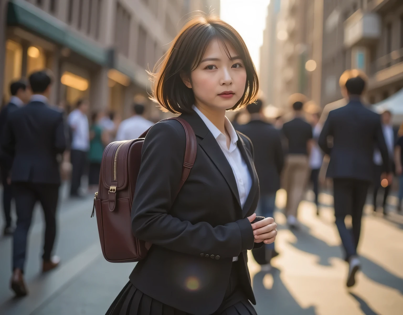 Dramatic Scene, shadow, Global Illumination, alone, Photo of a female student:1.331, realistic, Beautiful Japanese woman's face, On a downtown street:1.5, She's running in a hurry:1.5, side view :1.8, very realistic photo, super real, photoRealistic, perfect anatomy:1.21, small head:1.21, with bread in her mouth:1.5, Portrait of a Japanese woman:1.21, A plain blazer uniform from a famous high school in the city, Black blazer:1.331, white shirt:1.21, Black thin loop ribbon :1.331, black pleated skirt, carrying a school backpack based on warm colors , black hair:1.21, bob cut hair:1.21, Beautiful Japanese woman's face without makeup:1.21, Detailed Iris, Sharp eyebrows:1.37, detailed faces, Glowing Skin:1.21, There are many passers-by in the background, Please add blur and motion blur to anything other than her:1.331, Silky Screen, Dynamic and cinematic lighting shines,