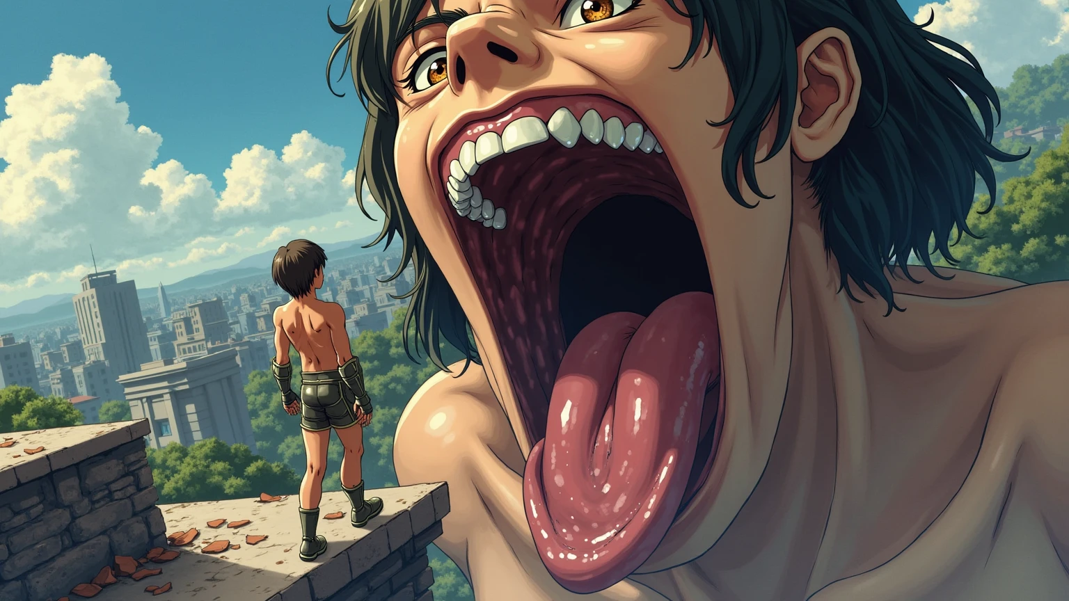 score_9, score_8_up, score_7_up,1girl,source_anime,shingeki_no_kyojin_style, brown hair,short tied hair,brown eyes,freckles,detailed face,masterpiece,best quality,outdoors, saliva, blush, tongue, open mouth, sweat, tongue out, teeth, saliva trail, wet penis, saliva on penis, close-up, uncensored, penis pressed against cheek, penis against cheek, drunk. horny, licking penis, resting head on penis, smug,