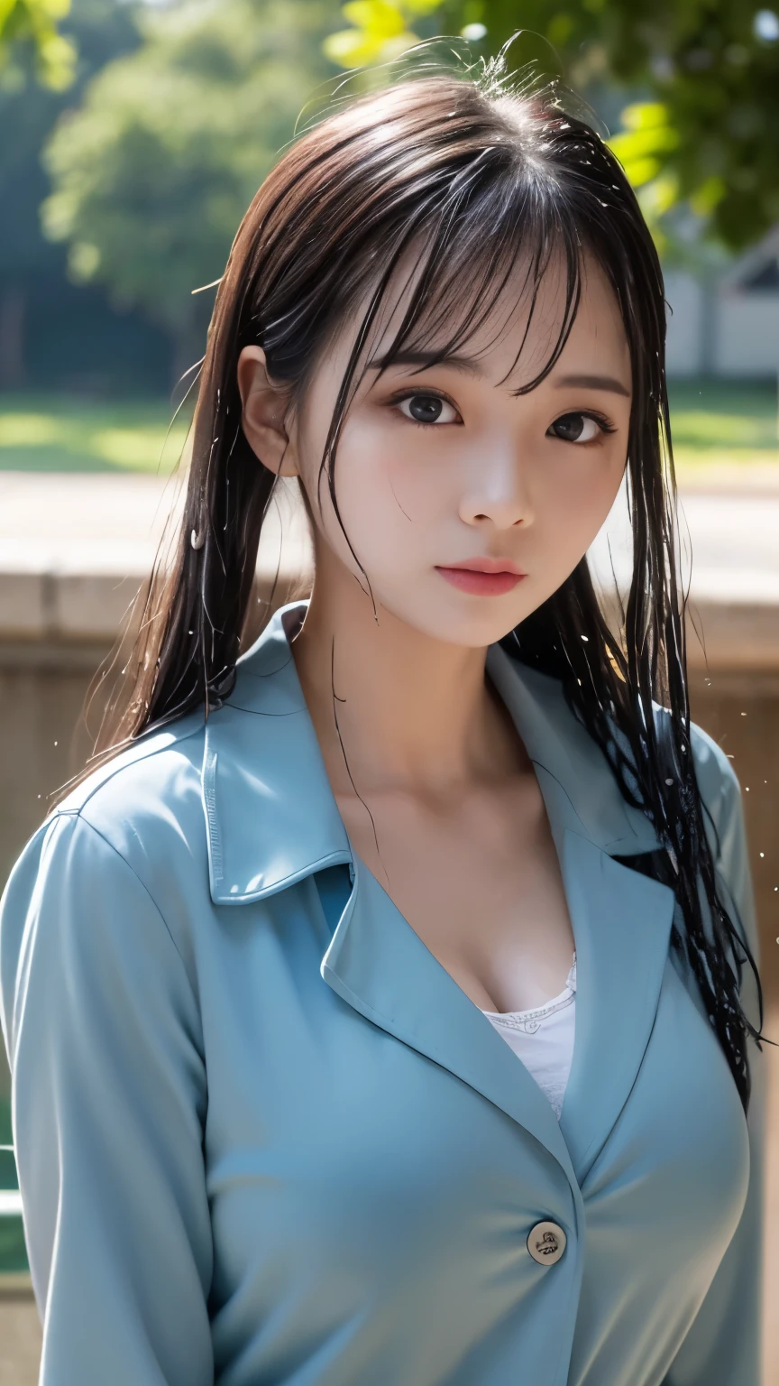  ulchan-6500-v1.1, (RAW photo:1.2), (Photorealistic),  beautiful detailed girl in a blue trench coat , very well detailed目と顔, beautiful and delicate eyes, file size is large, high definition, very well detailed, TOP QUALITY, [ masterpiece:1.6], Awareness-raising, very well detailed, CG, finely, TOP QUALITY,  8k Wallpaper,  Movie Lighting, 1 girl, ,  Perfect Body , BIG FIRM BREASTS、【Big Breasts、Heavy chest】、Cute droopy eyes、BEAUTIFUL BIG EYES、Sweaty and wet、【SEXUAL EXCITEMENT:1.6】、( my whole body is wet:1.2)、There&#39; light in my eyes、 short hair、high school girl、(Japanese School Swimsuit、Navy blue competitive swimsuit、 navy blue Japanese student swimsuit:1.3)、 pool、dynamic pose、 and a shape with a huge border