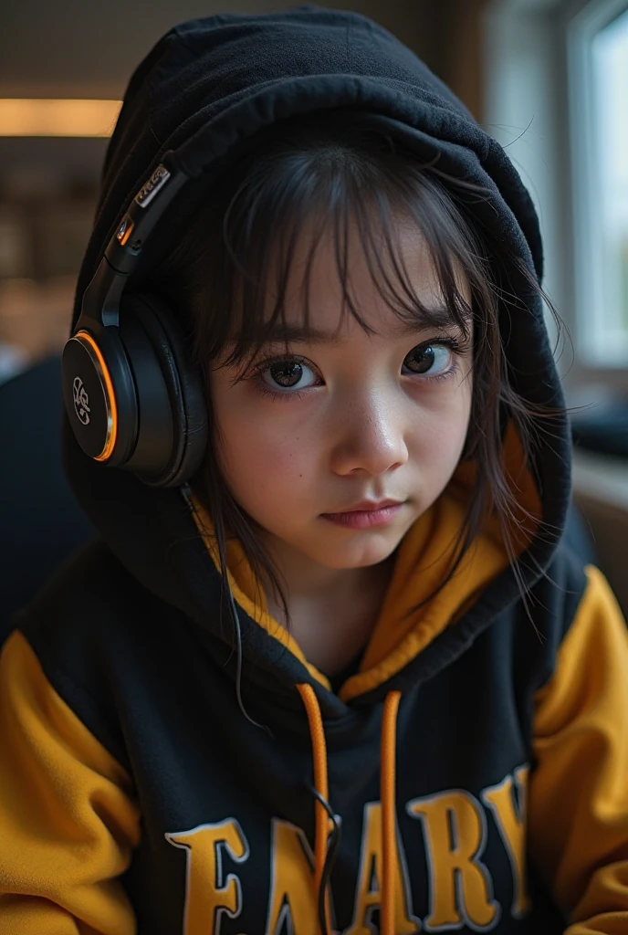 GIRL child 12 years , RUSSO cabelos ESCUROS compridos e fones de ouvido , portrait , JAQUETA COURO PRATA, VINIS E CDS fundo vermelho.