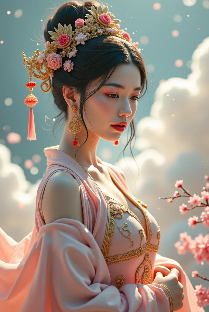 A beautiful dancer in ancient China,delicate lines,gorgeous costumes in ancient China,delicate and vivid,shy face,willow leaf eyebrows,personality depiction,coiled hair,gold leaf,flowing clouds,watercolor,crane surrounding,ink painting,gentle eyes,meticulous, color scheme,exquisite clothing patterns,by Gu, Kaizhi,Zhang Xuan,professional color grading,realistic style,soft shadows,clean and sharp focus,Flim photography,Panoramic View,32K --v 6