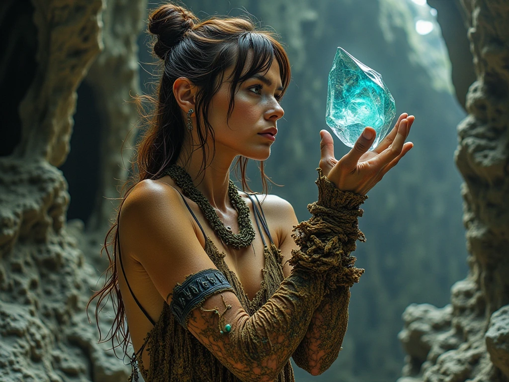A mystical digital painting of a woman sitting cross-legged on a mossy forest floor, wearing steampunk-inspired accessories like bronze goggles resting on her head and leather belts with crystal vials. She gently holds a glowing quartz crystal in one hand and a handful of rich, enchanted soil in the other. From her palms, luminous roots emerge, intertwining with the ground in glowing blue and green hues. The forest around her is shrouded in golden mist, with ethereal light filtering through twisted, ancient trees. Floating gears and subtle alchemical symbols shimmer in the background. Created using: digital painting, steampunk aesthetics, mystical lighting, soft golden glow, ethereal fog, enchanted forest textures, warm copper tones, glowing magical elements, high detail

--ar 3:2 --q 2
