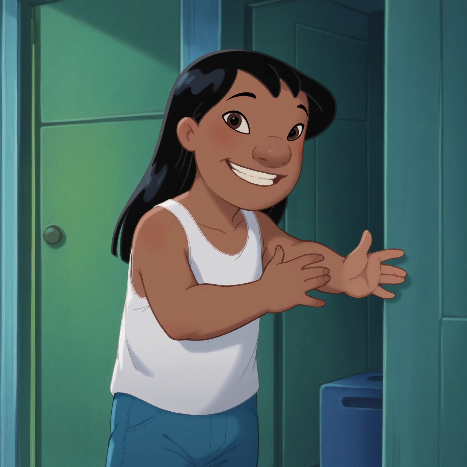 score_9, score_8_up, score_7_up, rating_explicit, source_anime,detailed skins, body blush,cowboy shot, flat ,  highly detailed, body blush,cowboy shot, looking at viewer, perfect eyes,perfect hands, sidelocks,lilo, long black hair, brown eyes, dark skin, flat , red open vest,white tank top, blue pants , barefoot , smile, hand wave, gold jewelry 