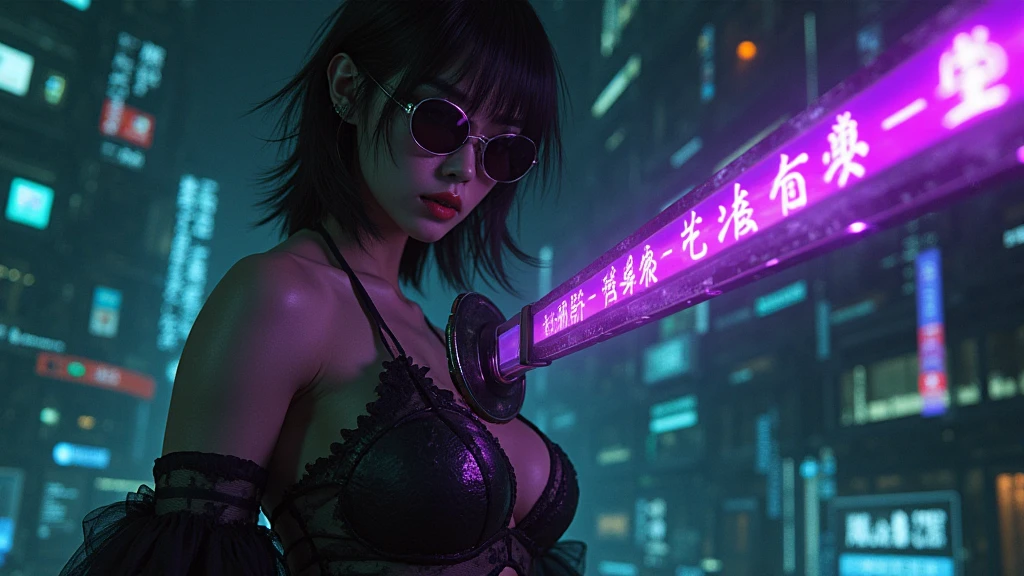 A beautiful cyberpunk-style Japanese woman is pole dancing with an umbrella in her hand。