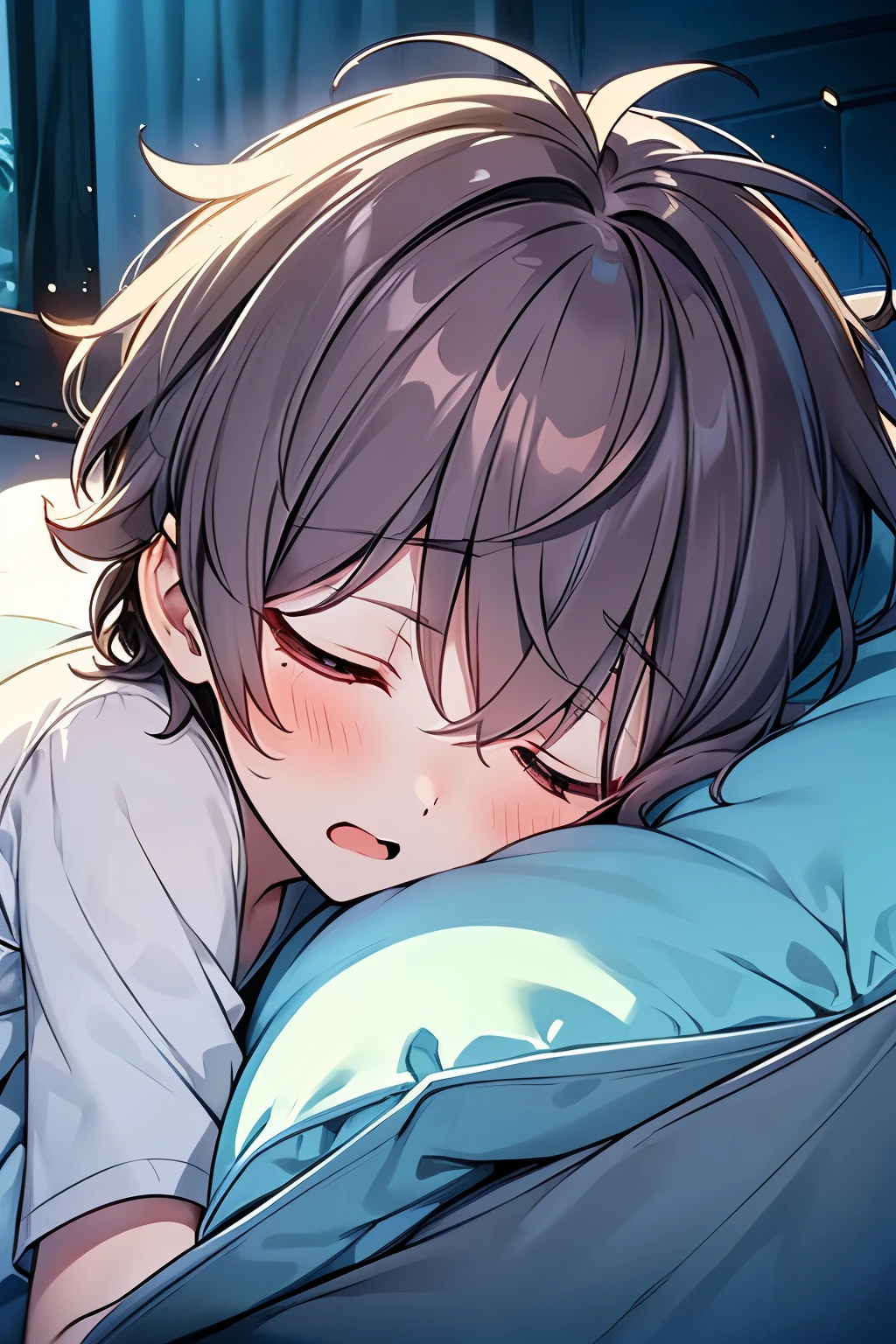 ((1-boy :1.3)),((handsome:1.2)),((adult male:1.15)),((Alone:1.1)),short hair,(Curly hair:1.15),Red hair,skinny body,((hugging a pillow :1.25)),(companion costume:1.0),((eerily glowing eyes:1.3)),((Evil:1.35)),(close up face:1.2),((crouching1.2)),((sleepy eyes:1.25)),((droopy eyes:1.2)),((closing eyes:1.4)),((yawn:1.25)),(open to mouth:1.15),((glassy eyes:1.15)),((rolling eyes:1.3)),(side view1.25),((lie down:1.15)),(dark skin body:1.05)