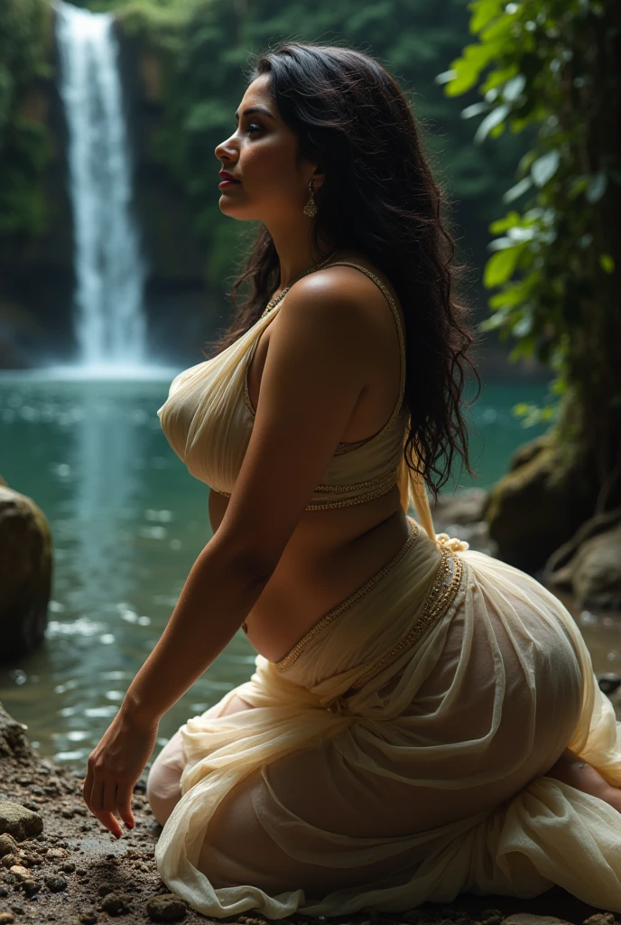 from bottom view, extreme close up photo of back of naked nayanthara, big cheeks, smooth naked ass, hourglass figure, curvy, bending over near waterfall with wide open spread legs, spread ass, totally naked, necklace, (cinematic:1.3), intricate details, (ArtStation:1.2)