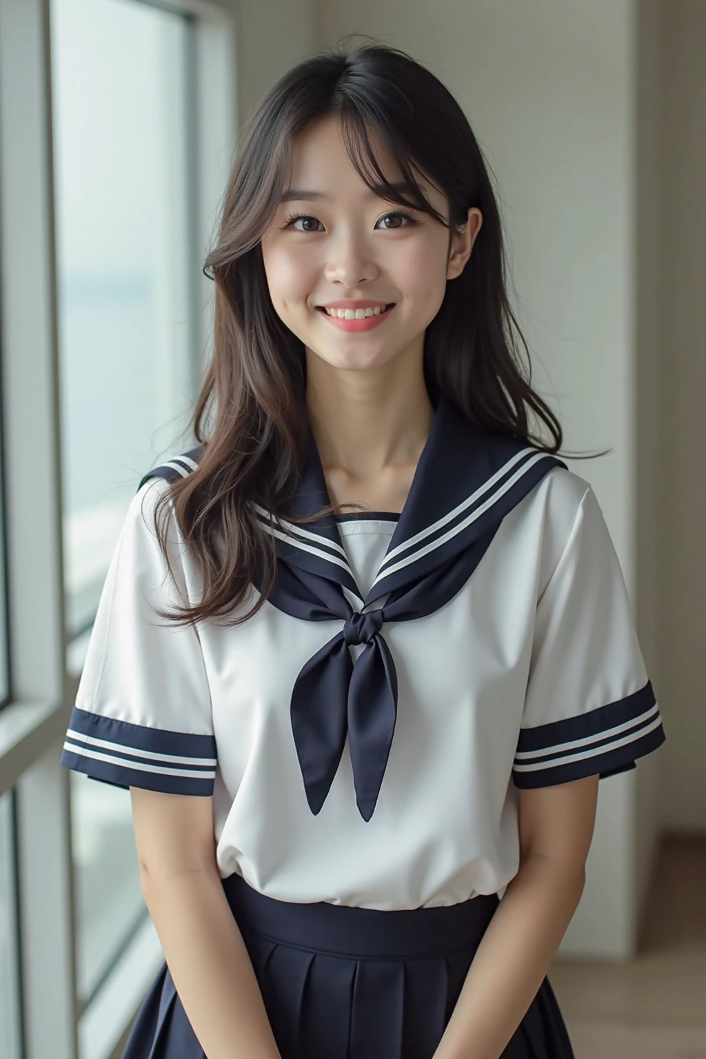 8K, Ultra-high resolution, Highest quality, masterpiece, 三分割法によるphotograph,Surreal, photograph, 1 girl, (16 years old:1.3), pretty girl, Cute face, Beautiful eyes in every detail, 細かくdetailedに,masterpiece,, One Girl:1.2, Japan Female Announcer,whole body、Black Hair、well-groomed eyebrows、Cute Lip Makeup、Calm atmosphere、A short-sleeved shiny dark sailor suit、White sailor collar、Navy blue pleated skirt、Red ribbon、White Stockings、Standing by the window of a classroom、Cute gestures、so beautiful,A carefree smile,Healing the heart,(twin braids),Looking at the audience、beauty,Long neck、Laugh a little、Please close your mouth and laugh、(((Ideal body type))),A-cup small breasts :2,、Portraiture:2、Perfect Anatomy、鮮明なdetailed、detailed、Surreal、Light and shadow,Strong light