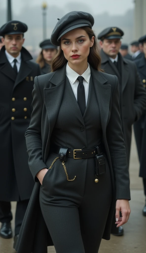 Emma Watson dressed in militia clothing with a sexy smile.