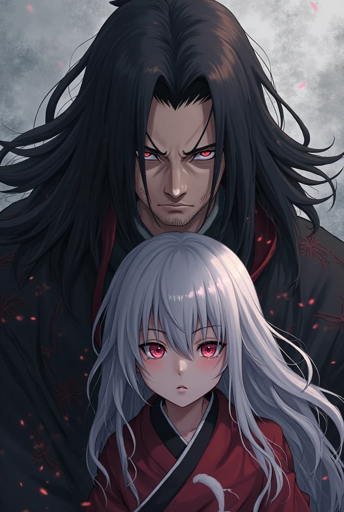 Ultra detailed, high resolution, absurd, HDR, masterpiece, anime girl and boy, beautiful woman (with long white hair with deep red streaks, woman (with yellow eyes), the woman (is wearing a red haori), in black demon slayer corps uniform, Kimetsu No Yaiba, fantasy, handsome, Tomioka Giyu, Hashira, Tomioka is angry, couple, night, forest, best quality, extremely detailed face, anime, the girl is hurt, the girl is covered in blood , Tomioka is a strong man , Tomioka is trying to protect the girl
