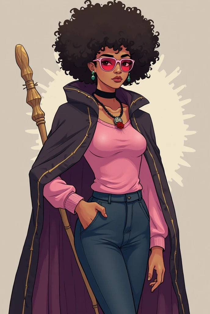 Close-up of a Solo, female, pink turtleneck tunic, cloak, fantasy outfit, fantasy village, short hair, wavy hair, messy hair, ((dark tan skin)), glasses, cleric, cropped jacket, athletic, slightmuscle, slightly muscular, pants, abs, wide abdomen