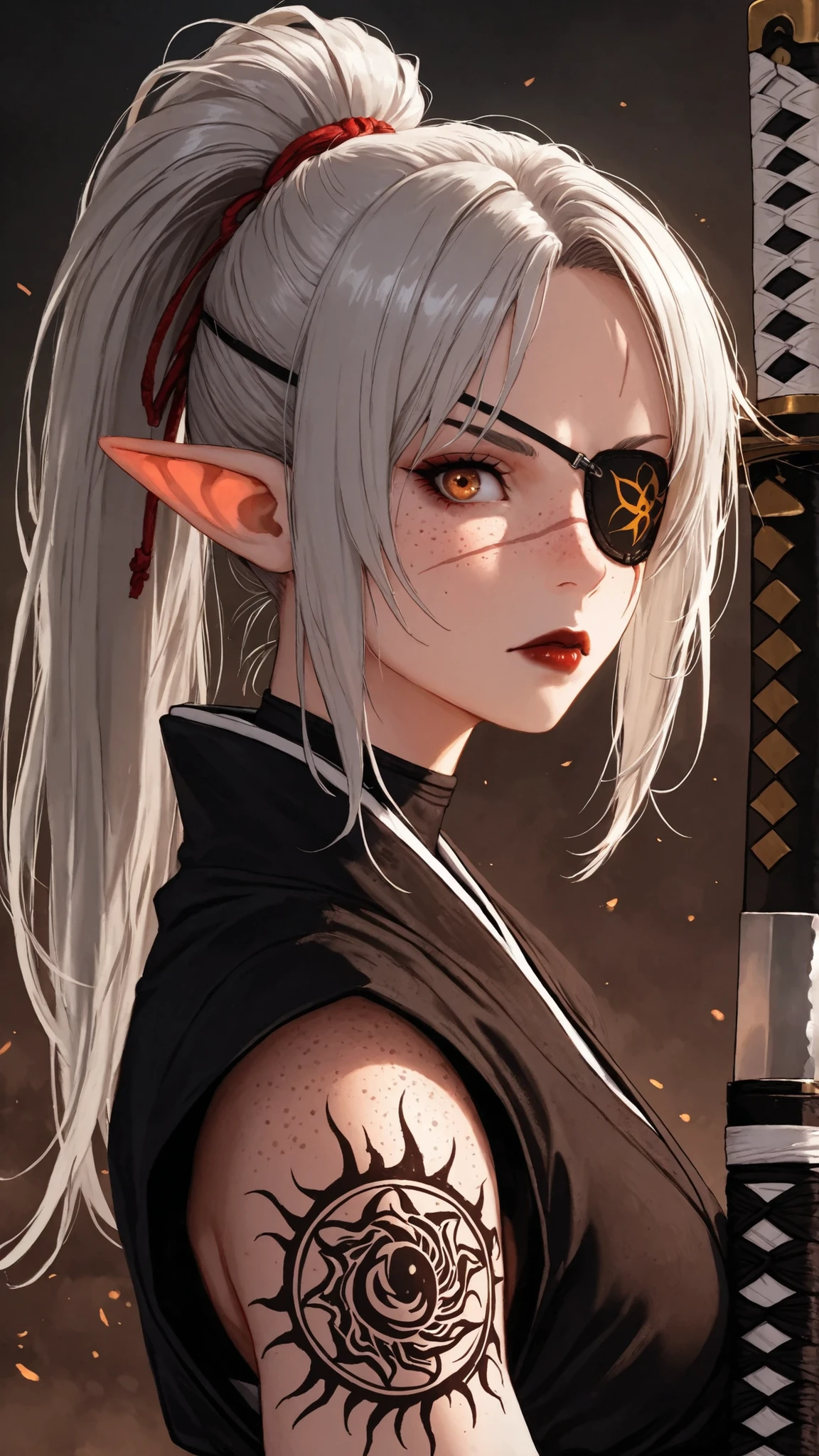 1girl, long hair, gray hair, ponytail, eye patch, kunoichi, samurai, beautiful, pointy ears, holding a katana, amber eyes, tired face, sun, D&D, warlock, freckles, dark red lips, scar on eye, black tint on eye, white katana, nodachi, gothic, witchcraft, freckles on face, eyepatch, black tattoos on face, tattoo on eye