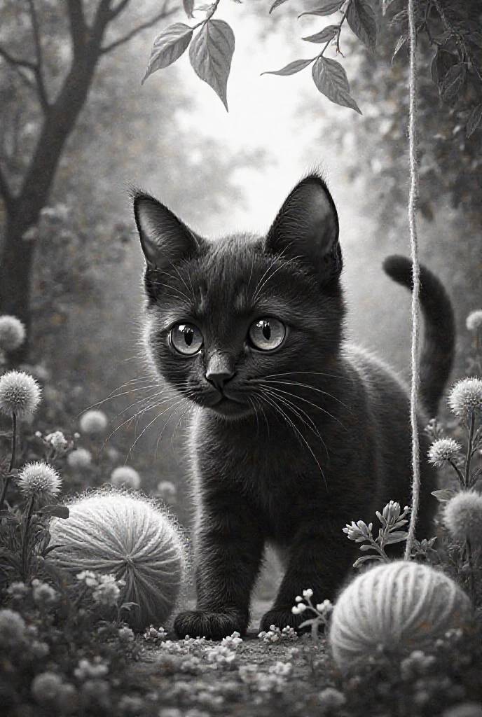 A black and white cat playing with wool in a garden "For a logo*"