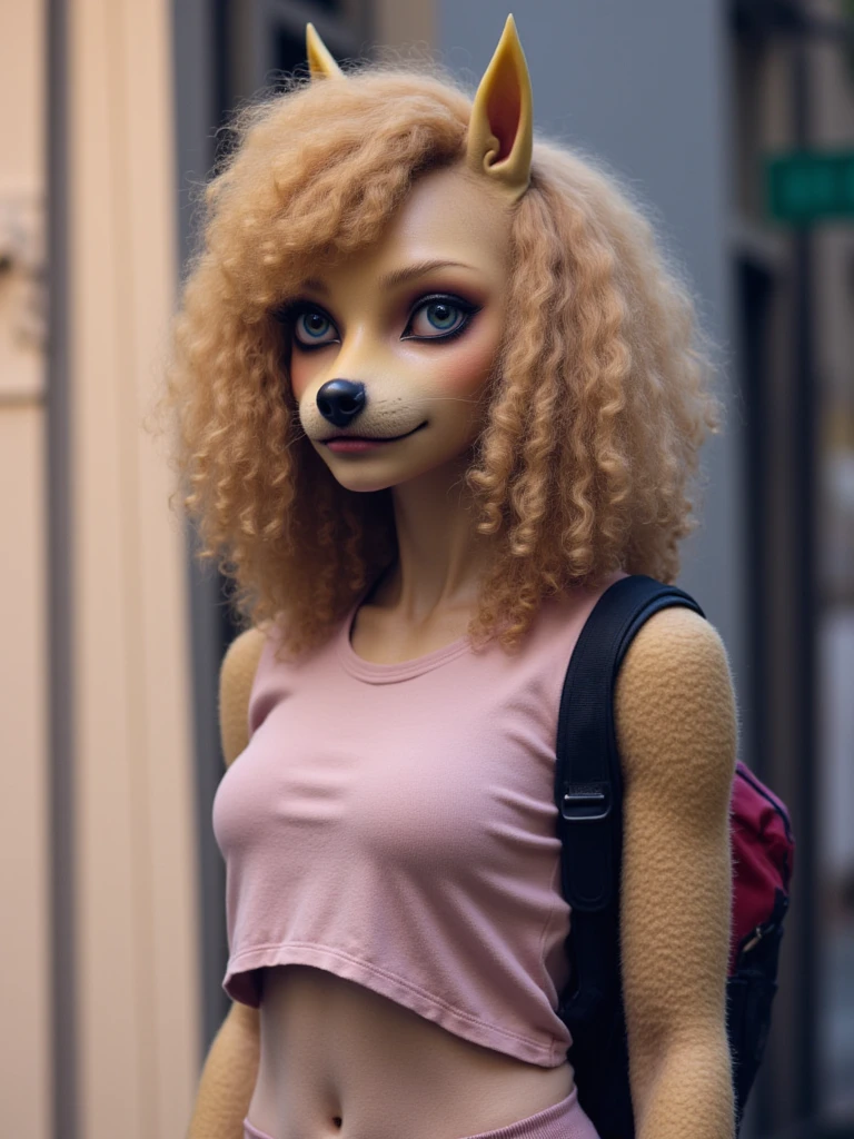 Photo of a gorgeous sexy dog woman. She has fluffy poodle ears. She is wearing casual clothes. She is standing in an alleyway. She has whiskers. She has a dog snout. She has doglike features. She has colored contacts in. She has a slim waist. Gorgeous alien. She is a dog-like alien. Fuzzy skin. Skinny waist. She resembles Anubis. She is wearing a white t-shirt. She has skinny arms. Long eyelashes. She has a mane of curly blonde fur. Fuzzy skin. Sci-fi fashion, stunning young dog alien woman, close up photo, high quality photo, expressive upset face, well lit photo.