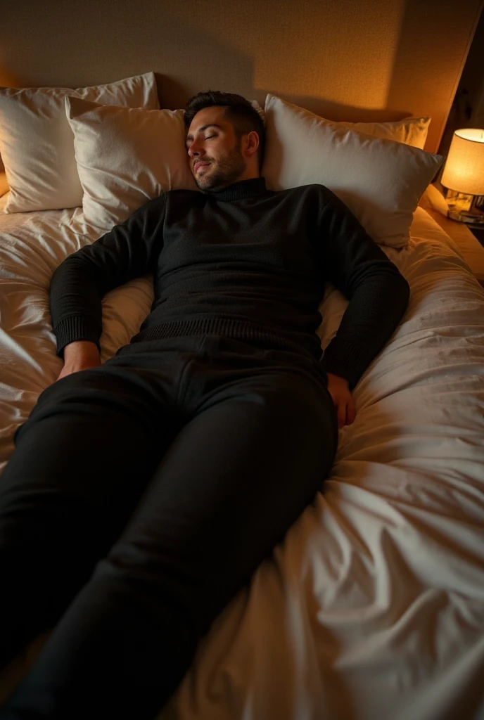 The perspective is from the eyes of a towering giantess as she lies comfortably on a large, plush bed. She’s wearing a soft black sweater that clings to her figure, accentuating her enormous bust, which dominates the frame. Her proportions are surreal yet elegant, with her massive bust and long, graceful limbs creating a striking visual.
Nestled in the curve of her bust is a man of standard size, who appears almost tiny in comparison to her colossal form. His head is partially submerged in the softness of her bust, creating an intimate and surreal scene. The man seems relaxed, his body blending seamlessly into the giantess’s figure, emphasizing the dramatic size difference between them.
The room around them is cozy and dimly lit, with warm, soft lighting that highlights the textures of the giantess’s sweater and skin. The atmosphere is calm and intimate, with a touch of surrealism due to the overwhelming size contrast. The giantess’s expression is gentle and content, her gaze focused downward at the man resting against her.
The scene is both captivating and dreamlike, drawing the viewer into the unique and tender moment shared between the two. The contrast between the man’s small size and the giantess’s immense proportions creates a sense of awe and wonder, making the image feel both intimate and otherworldly.