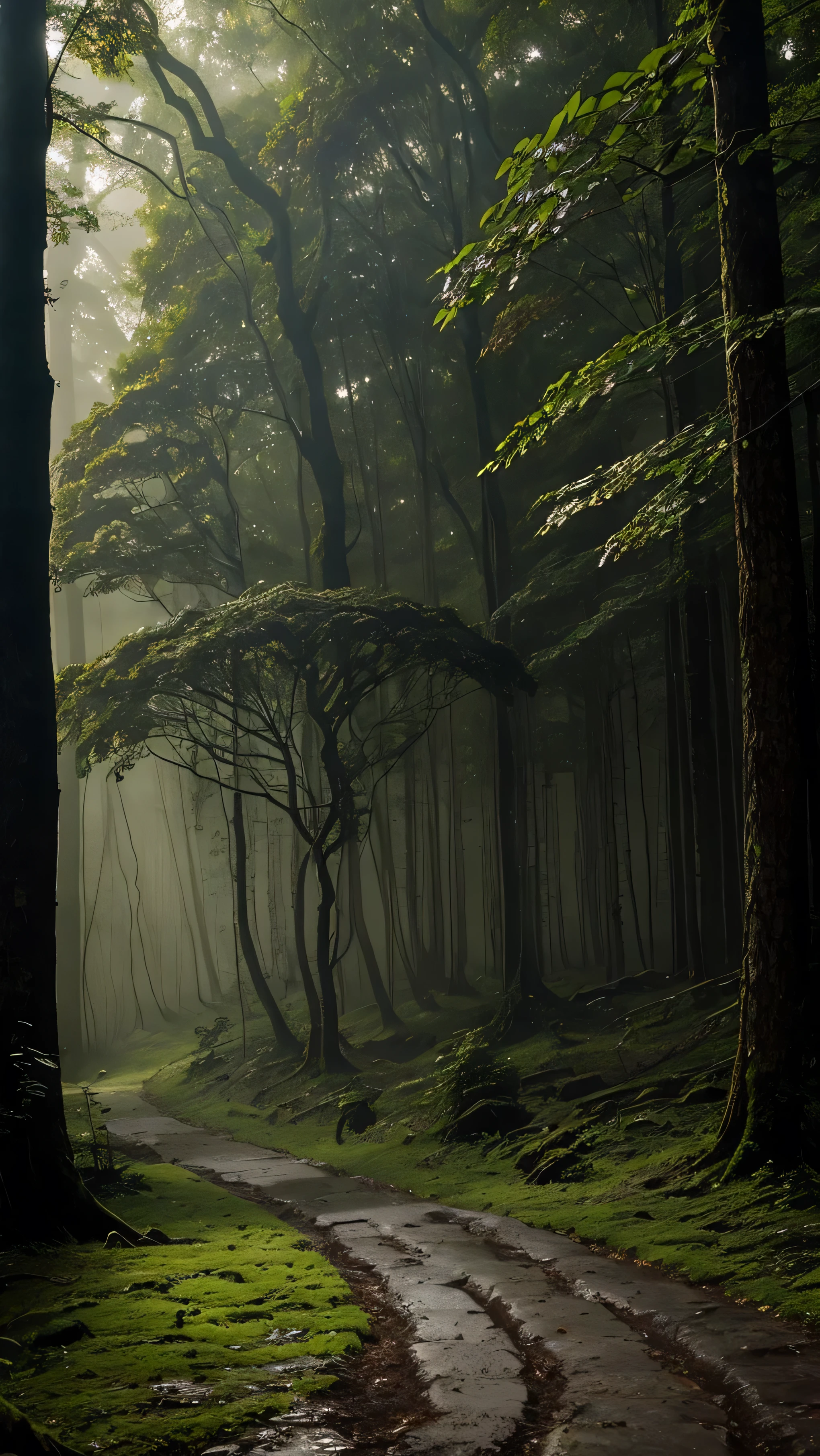 Morning recedes in a small forest hidden from the outside world. The thin mist still hovers between the trees, turns slowly around the sturdy old trunks. The morning dance is faintly audible—the earthy chirping of birds, gentle friction of the foliage, and the gurgles of water dripping from the rain ringing into the damp ground. Mossy stones reflect the golden glow of the moonshine that began to penetrate the canopy gap, creates a moving shadow on the ground adorned with roots sticking out. In the distance , the mountain looks like a mute silhouette, stands firmly in the arms of the slowly dancing morning mist. Everything feels magical, as if this forest held a secret that was only open to those who were patient enough to hear the whispers of nature.