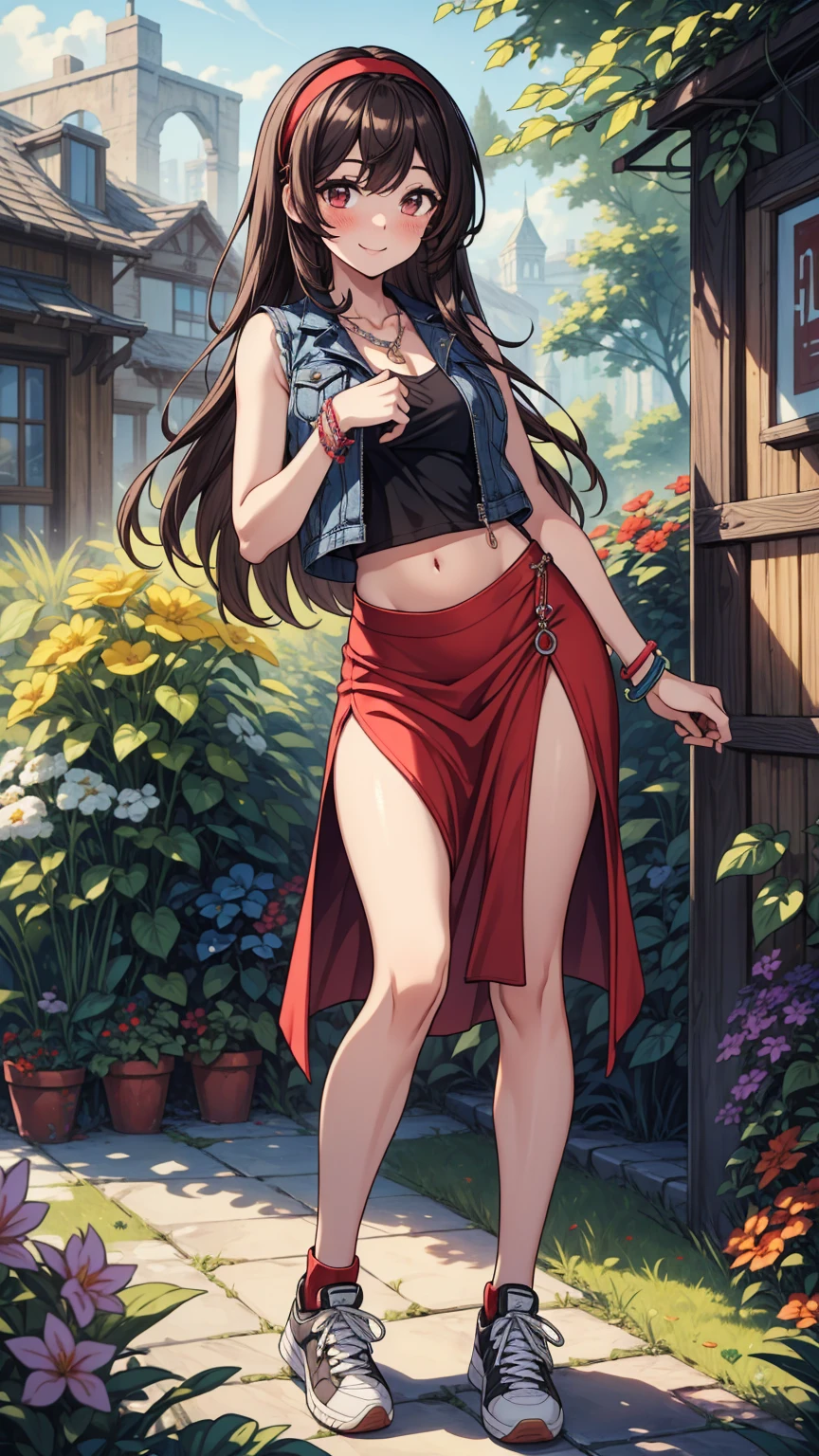 ((masterpiece, best quality:1.3, high detail)), beautiful woman posing, smile, long straight hair, (dark brown hair), hairpin, light blush, (vest), long red skirt, long skirt:1.1, pencil skirt, midriff, navel, black hairband, necklace, bracelets, collarbone, sneakers, outdoors, garden,