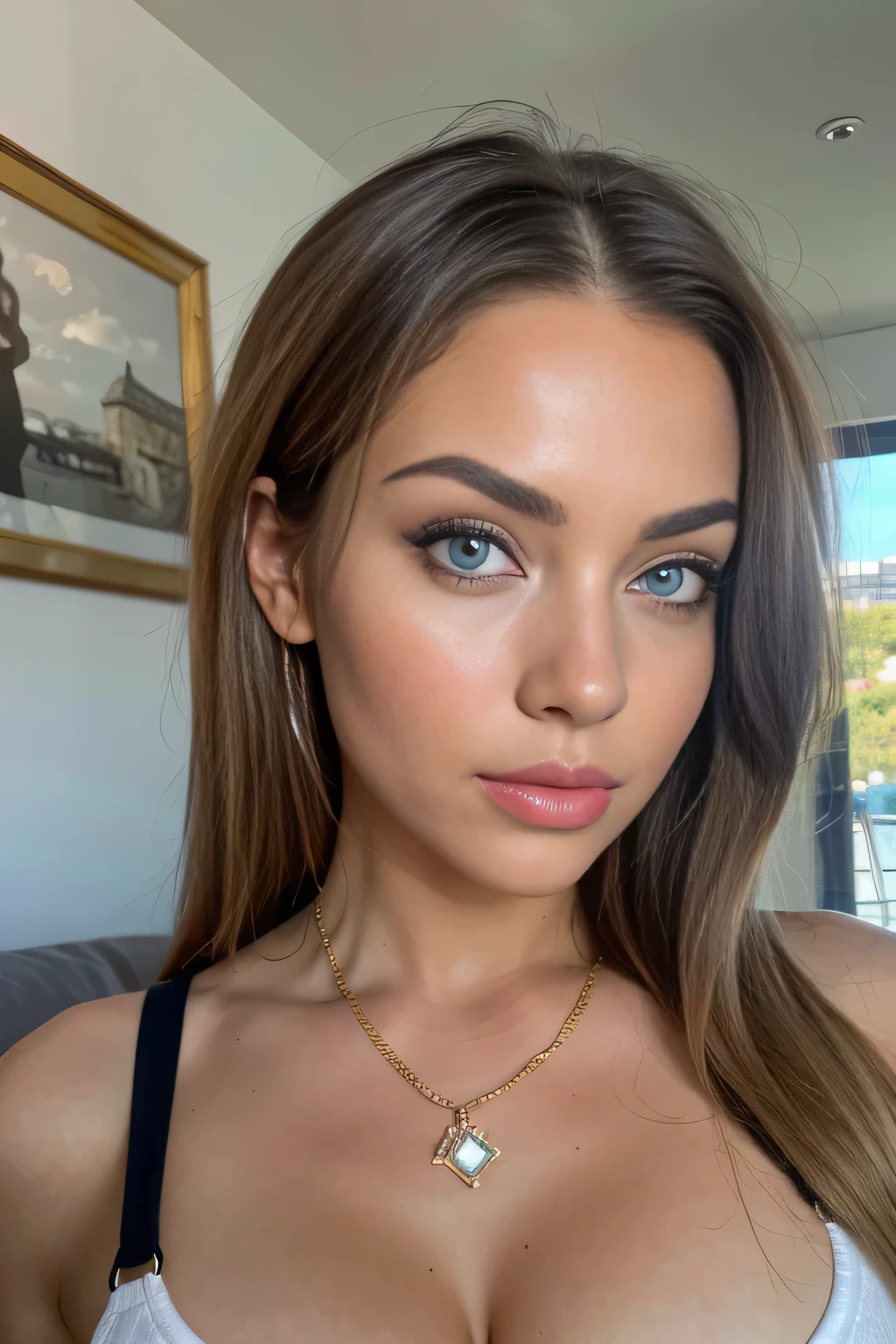 a beautiful detailed portrait of a young blonde latin woman with striking blue eyes, long lush blonde hair, and a perfectly realistic face, wearing a sexy tanga in a meadow of THE BED, posing confidently with a sultry attitude, holding a diamond chain necklace, (best quality,4k,8k,highres,masterpiece:1.2),ultra-detailed,(realistic,photorealistic,photo-realistic:1.37),HDR,UHD,studio lighting,ultra-fine painting,sharp focus,physically-based rendering,extreme detail description,professional,vivid colors,bokeh,MILF