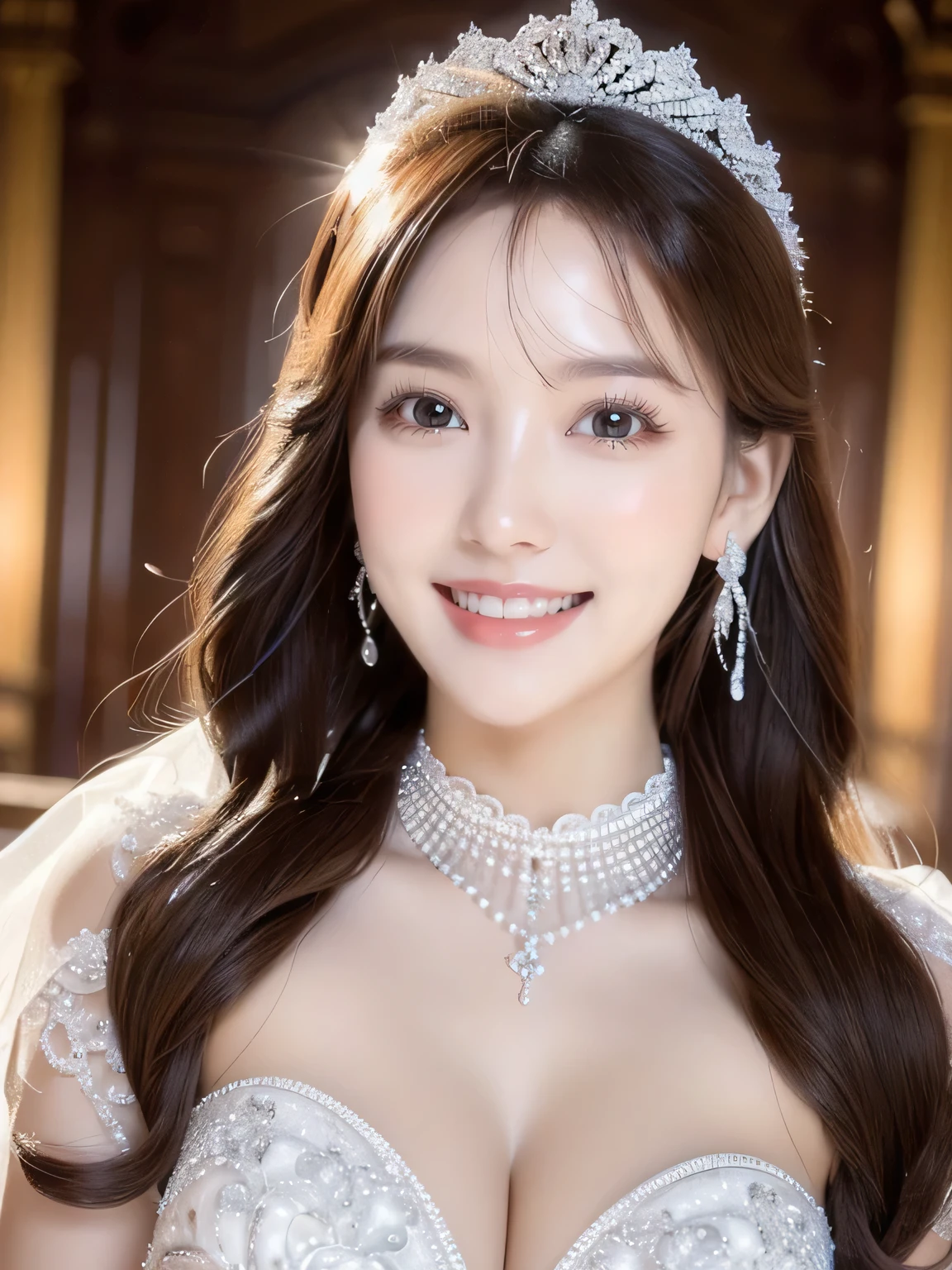 (highest quality、Tabletop、8k、Best image quality、Award-winning works)、One beautiful bride、(alone:1.1)、(The most extravagant and gorgeous huge wedding dresses:1.1)、(Perfect Wedding Lace:1.2)、(The most extravagant and luxurious giant tiara:1.1)、(The most extravagant and luxurious giant necklace:1.1)、The most beautiful smile is looking at me、A wide selection of the finest jewellery、(Bridal upper body photo:1.1)、Perfect Makeup、Long eyelashes、Ultra HD Shining Eyes、Ultra HD Hair、Ultra High Resolution Glossy Lips、Ultra High Resolution Perfect Teeth、Beautiful face in ultra-high definition、(Accurate anatomy:1.1)、(Very bright and beautiful skin:1.2)、(very bright and vivid:1.2)、Luxury wedding venue background