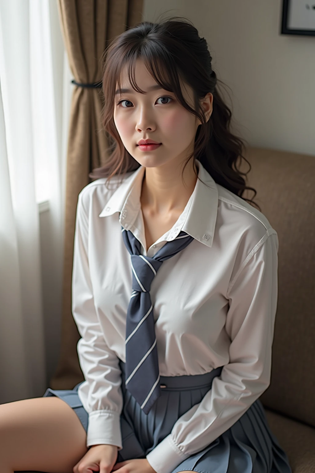 Graduation Ceremony、high school girl、uniform 、Navy jacket、Checkered pleated skirt、White shirt、Bedroom、Lying on the bed、Sexy pose、Perfect proportions、cute、((18-year-old female:1.ung and adorable Japanese face,Big Breasts, valley, Official Art,Highly detailed CG Unity 8K wallpaper,(masterpiece:1.0),(Highest quality:1.0), High resolution,4K,Very detailed, photo shoot, 8K, nsfw, High resolution, Kodak Portrait 400, Film Grain, Lens flare brilliance, Professional Lighting,Cinematic Light, View your viewers