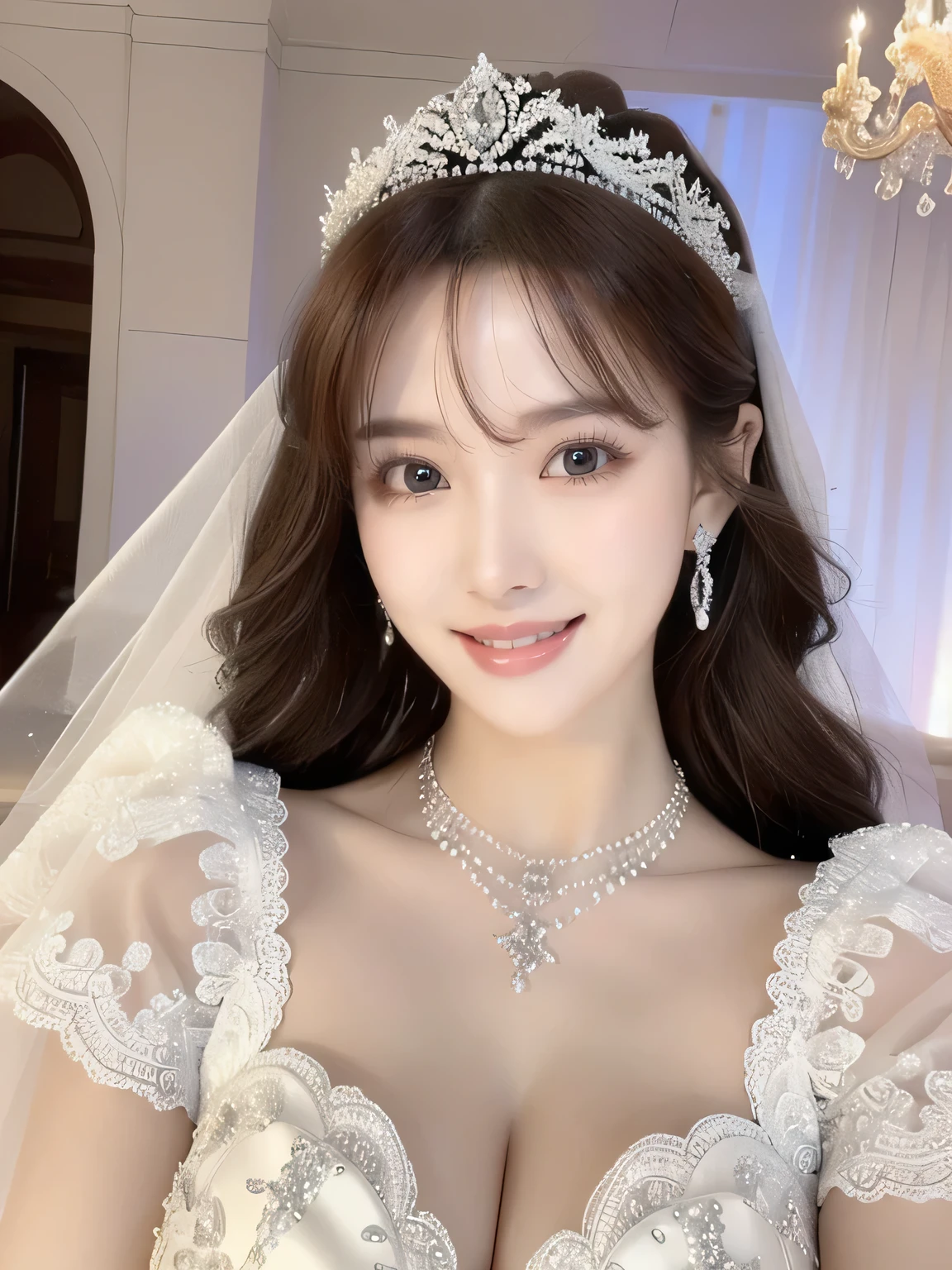 clear、beautiful、Beauty、(highest quality、Tabletop、8K、Best image quality、Award-winning works)、One beautiful bride、(alone:1.1)、(The most extravagant and gorgeous huge wedding dresses:1.1)、(Perfect Wedding Lace:1.2)、(The most extravagant and luxurious giant tiara:1.1)、(The most extravagant and luxurious giant necklace:1.1)、The most beautiful smile is looking at me、A wide selection of the finest jewellery、(Bridal upper body photo:1.1)、Perfect Makeup、Long eyelashes、Ultra HD Shining Eyes、Ultra HD Hair、Ultra High Resolution Glossy Lips、Ultra High Resolution Perfect Teeth、Super high resolution beautiful face、(Accurate :1.1)、(Very bright and beautiful skin:1.2)、(very bright and vivid:1.2)、(Luxury wedding venue background:1.1)