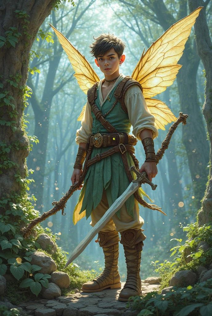 Full body art of a beautiful cyberpunk fairy boy, 13 years old, thin and fragile, holding a cannon with horns on his head, honey pink hair messy in the wind, frayed with bangs covering his eyes in a wavy mullet style with large, huge light golden eyes that convey joy and magic thin pink eyebrows wild and rebellious appearance dark pink skin dragonfly wings dressed in pilot's outfit with huge bare feet