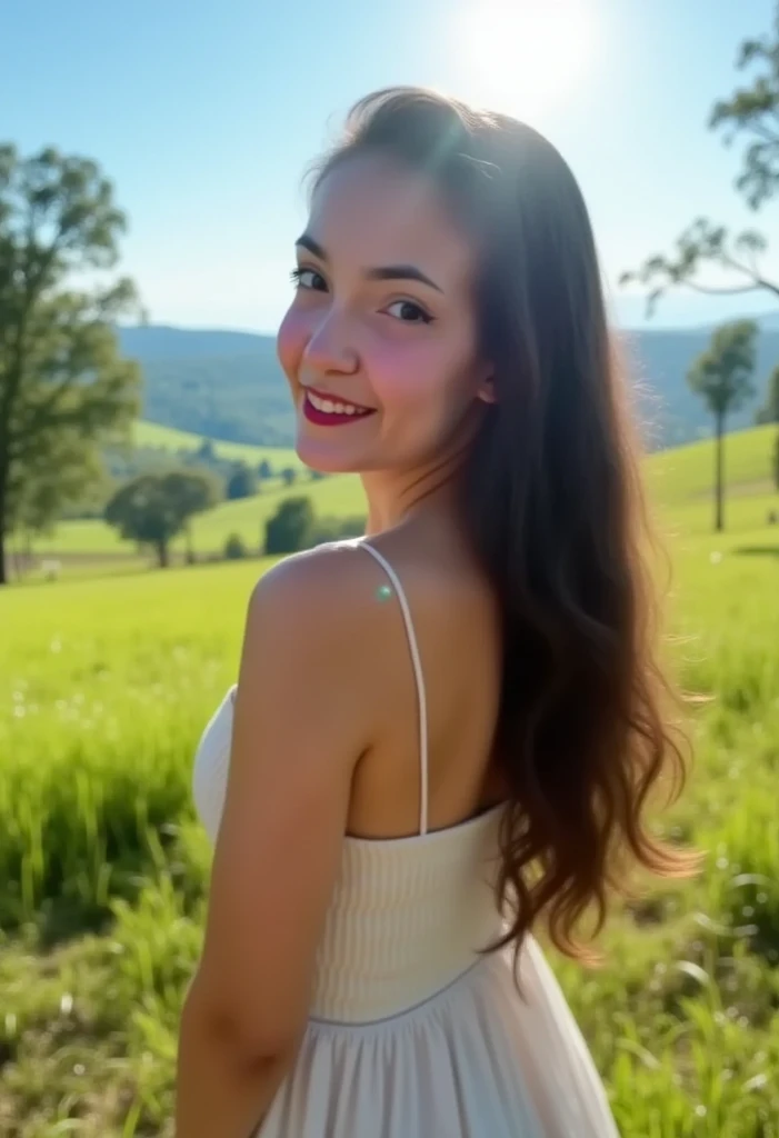 (best quality,highres,masterpiece:1.2),realistic,ultra-detailed,beautiful detailed eyes,beautiful detailed lips,extremely detailed eyes and face,longeyelashes,1girl,waiting for a bus at the bus stop,peaceful countryside scene,illustration,soft lighting,vivid colors,beautiful flowers in the background,happy and relaxed expression,flowing dress,golden sunlight filtering through the trees,gentle breeze,majestic mountains in the distance,butterflies hovering around,waving fields of golden wheat,tall green grass,peaceful farm animals grazing nearby,clear blue sky,sunshine casting warm shadows on the ground,crisp air,serene atmosphere