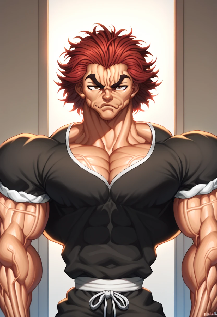 highres, <lora:Style-add_detail:1>,High quality,(Beautiful), ((masterpiece)),vibrant colors, solo,1boy, male focus, manly, (((muscular:1.2))), red hair, (((GothicC:1.5))),solo, spiked hair,from front,<lora:YujiroV1.5:1>smile, happy, <lora:goth_v1:1>