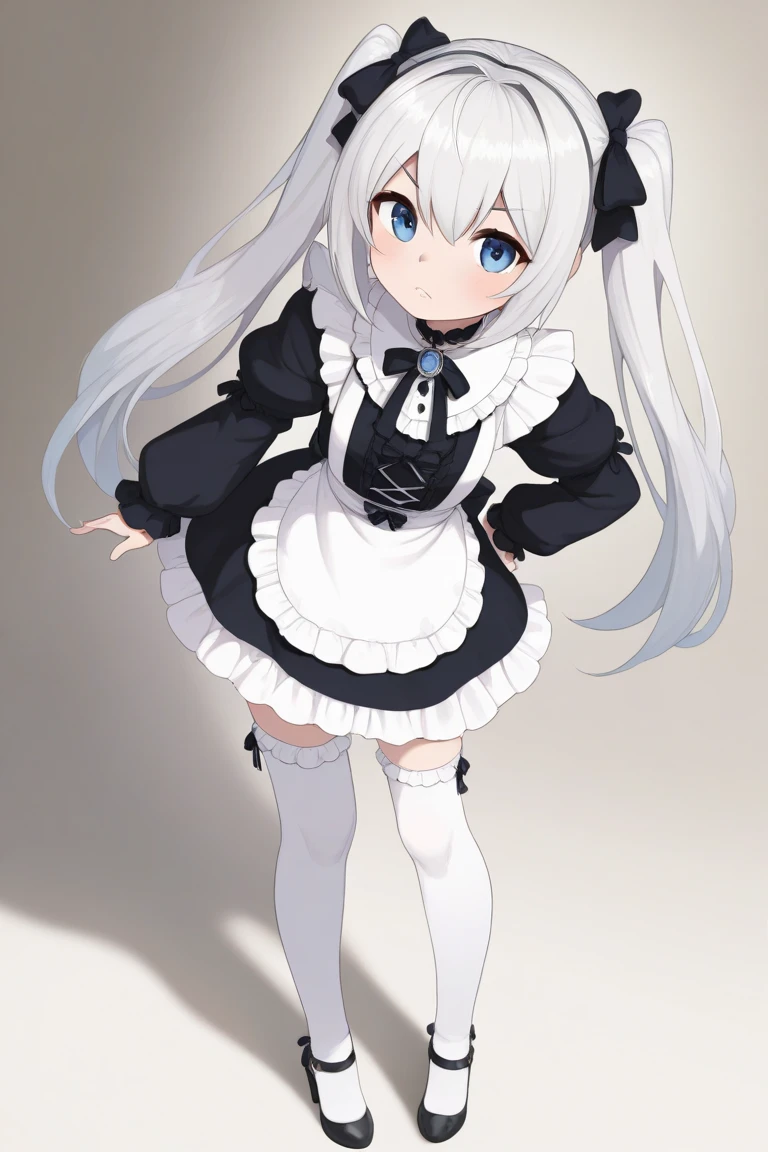 1 girl, cute, young, white hair, twintail, blue eyes, witch clothes, thigh boots,