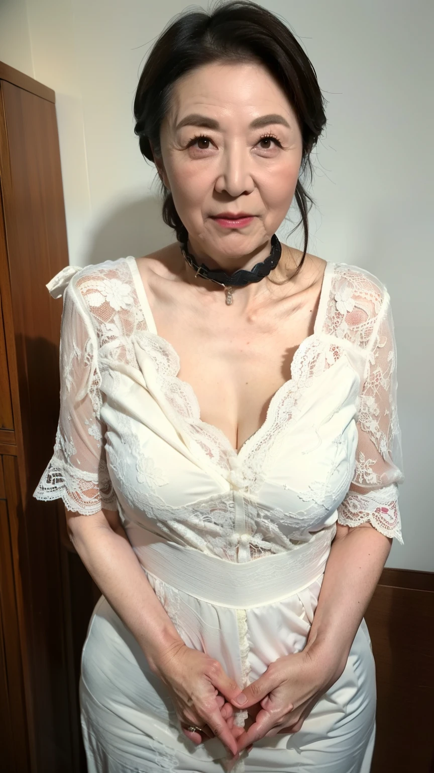 (((最高 masterpiece:1.5))), (( Accurate Description )), Poster illustration:1.3, Alphonse Mucha, white lace underwear , lower body nude, Thick pubic hair , ((( alone))), ((wife)), ((Older mature woman)), pure white background , gravure, Expectations , (( face the center of the screen )), Eyebrow shape , accurately drew lips , red lips, fancy makeup at a luxury brothel , From the chest up, masterpiece, TOP QUALITY, very detailed, Photographically , very detailed細なスキン, Complete Anatomy , ( 1 shows a leash handle to mature ), ( positive for home), 250 years old, Super large , attractive, sexy, Chromo white skin , watch viewers ,