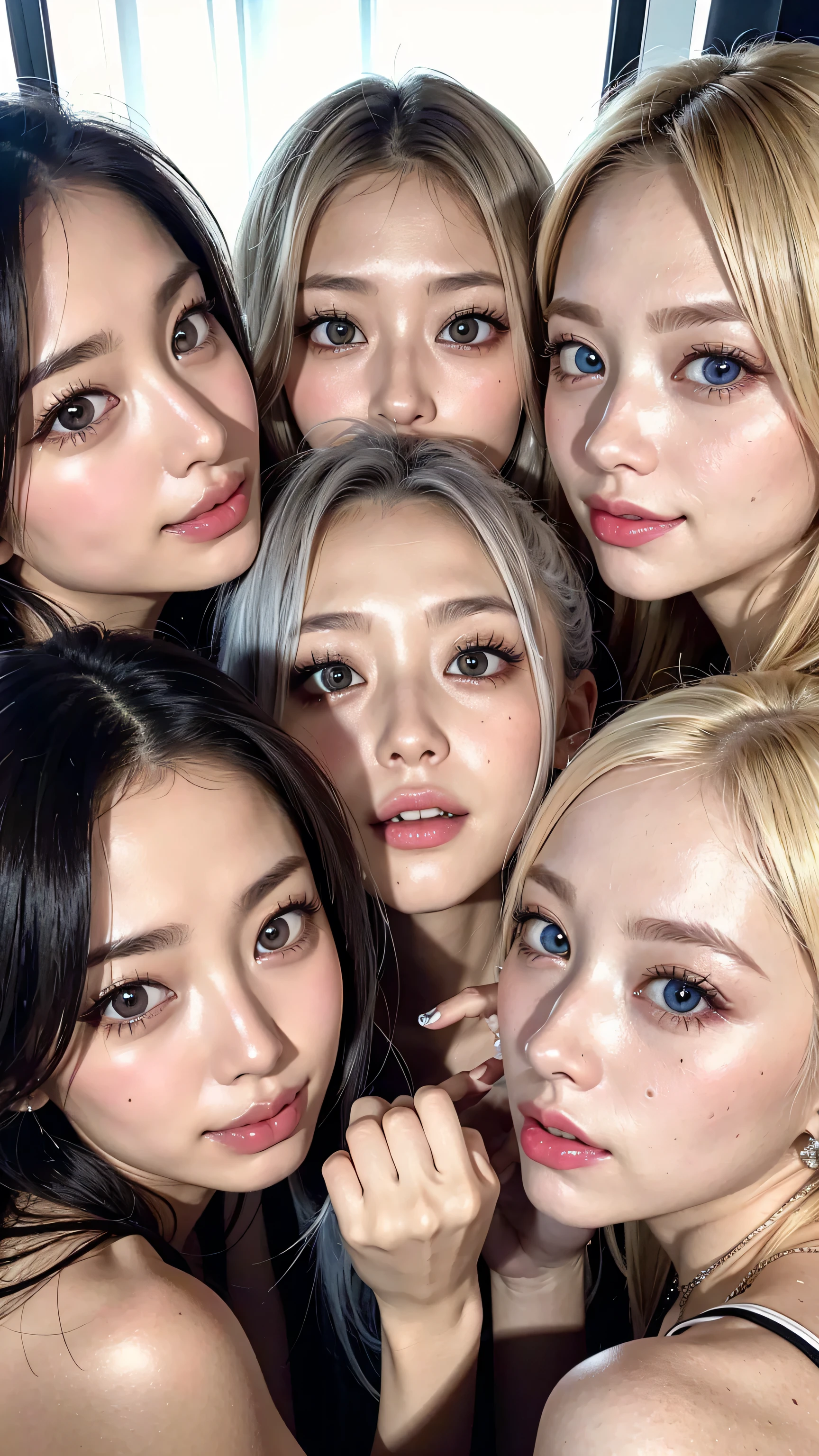 8k,high definition、 ultra clear 、 eyes match 、is staring at me、 I'm watching a close-up。My Face 、 すべての eyes match、 click here、I want to get close to beautiful women nearby 、 big nipples , huge nipples,Look at me with a smile 、vision、 Beautiful platinum colored hair 、 pose 、 4 beautiful women look at our beautiful long legs from an angle 、 I'm watching in close-up、I want to make eye contact with everyone, my lips are sticking out